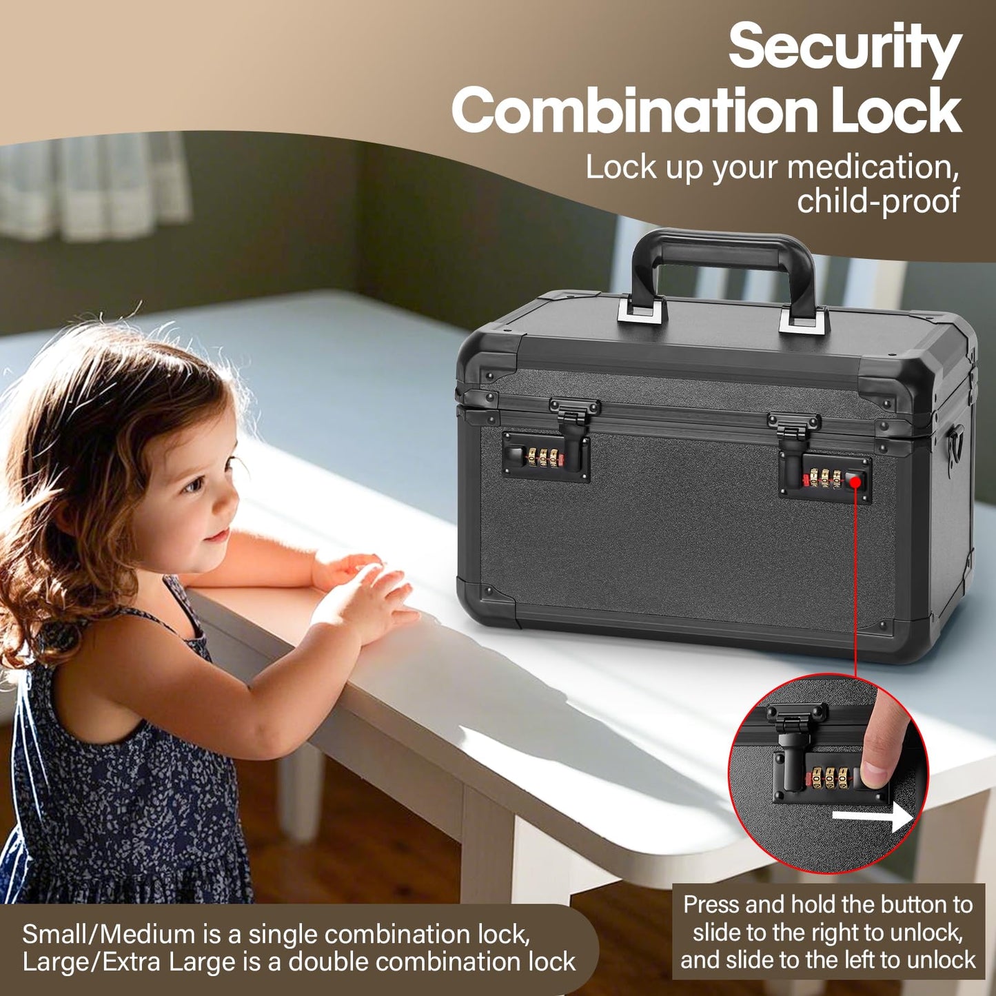 LOCKCURX Aluminum Alloy Lock Box with Code, Lockable Storage Box for Medicine, Cash, Phone & Valuables – Childproof, Portable & Durable – 12.2 x 7.8 x 6.8 Inch Black – Home, Office, School Use