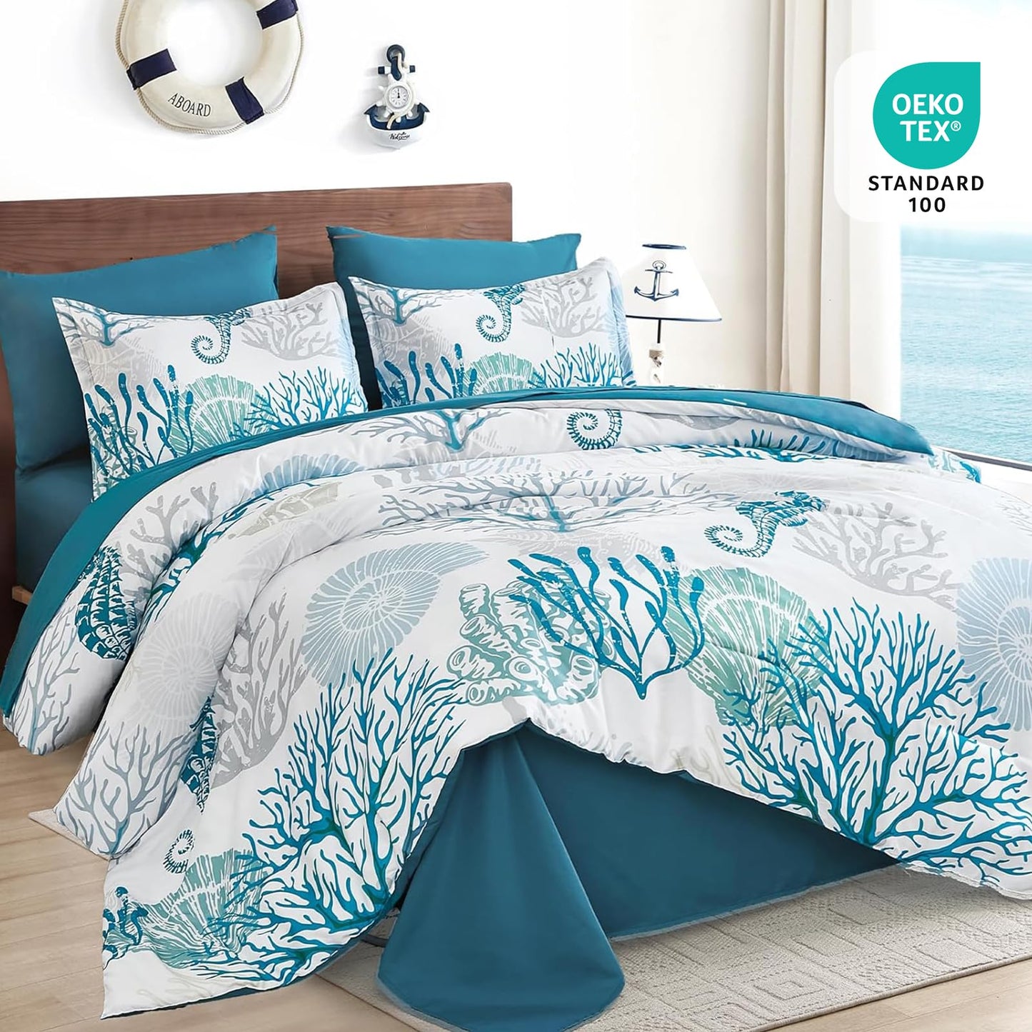 WONGS BEDDING Coastal Comforter Set Queen, Beach Themed Comforter,7 Pieces Ocean Nautical Seaweed & Starfish Bed in a Bag (90"×90")