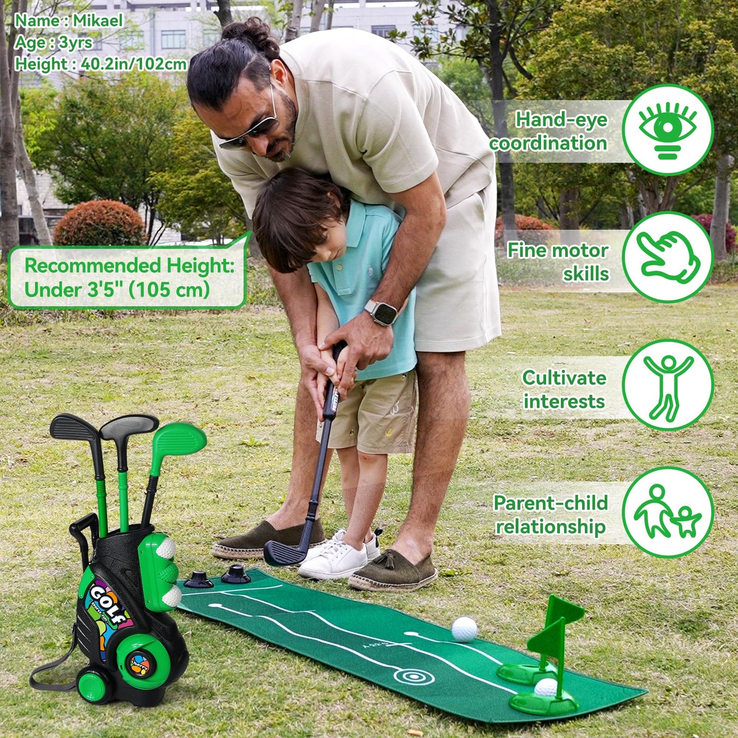 Liberry Toddler Golf Set with Putting Mat for Boys Girls Age 2 3 4, Upgraded Kids Golf Cart with Shoulder Strap Design, Outdoor Indoor Sports Toys for Birthday Gift, Black