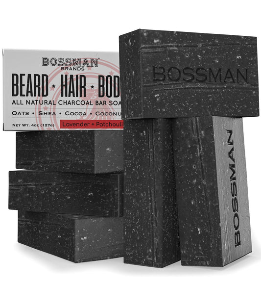 Bossman 6 Pack Men’s Bar Soap 4-in-1 – All Natural Organic Beard Wash, Shampoo, Body Wash, Shaving and Bath Soap - Essential Beard Care, Scent – Lavender and Patchouli