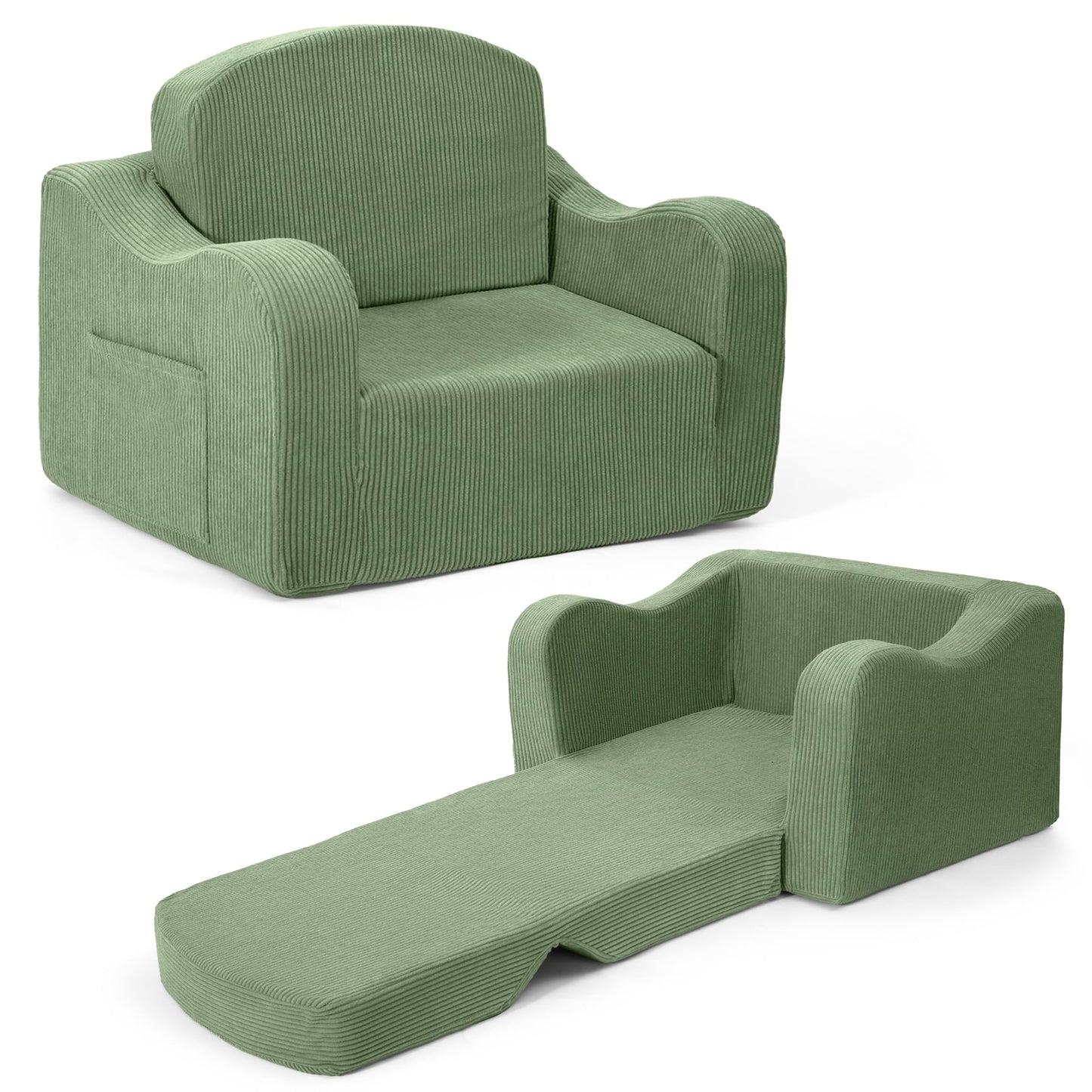 Airpanda Comfy Kids Chair and Couch, 2-in-1 Convertible Kids Sofa, Soft Fold-Out Design, Removable Washable Cover, Green