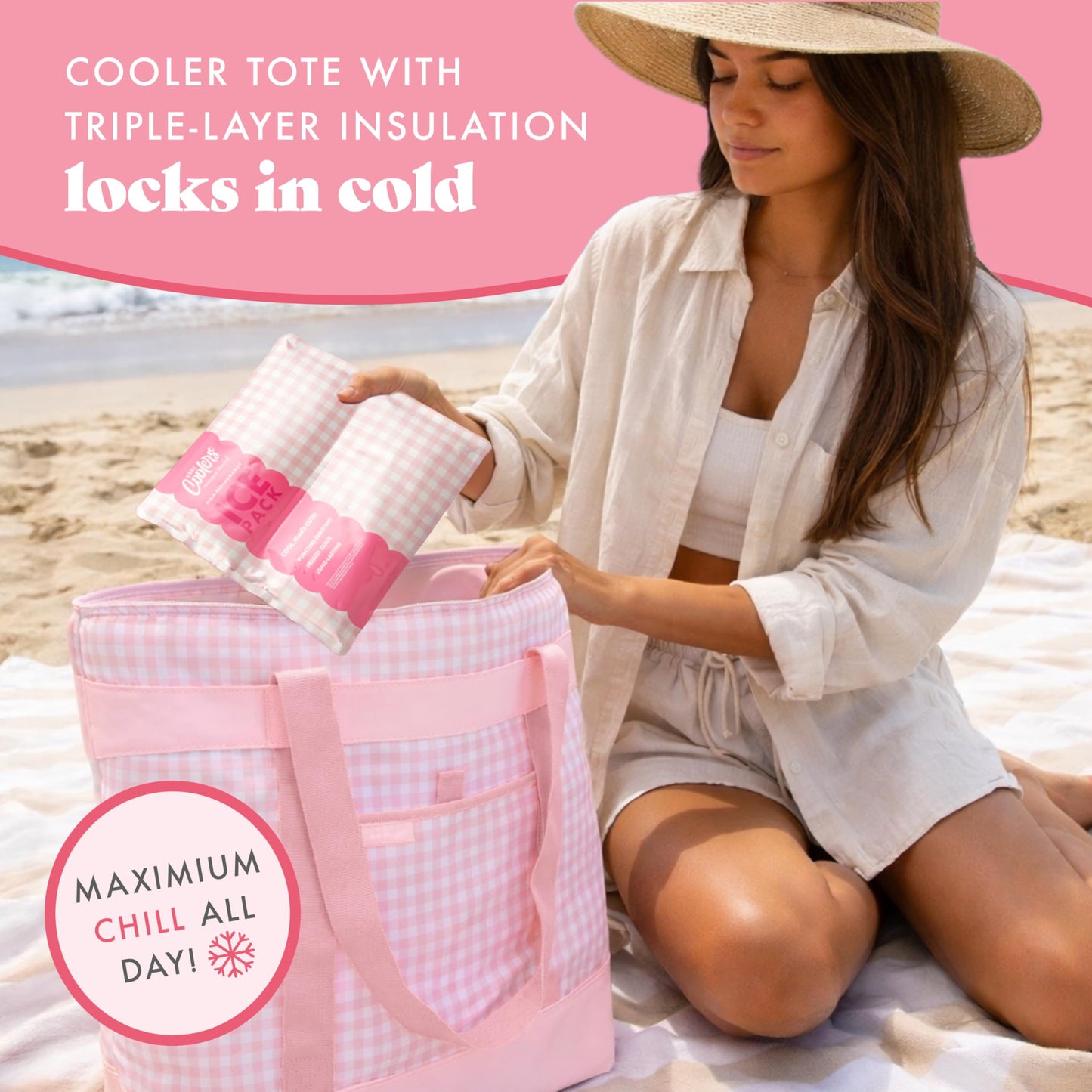 Fit & Fresh Insulated Grocery Tote Bag – Large Reusable Thermal Cooler Bag for Shopping, Food Delivery & Catering – Premium Leak Resistant Food Carrier, Foldable Soft Cooler, Pink Gingham