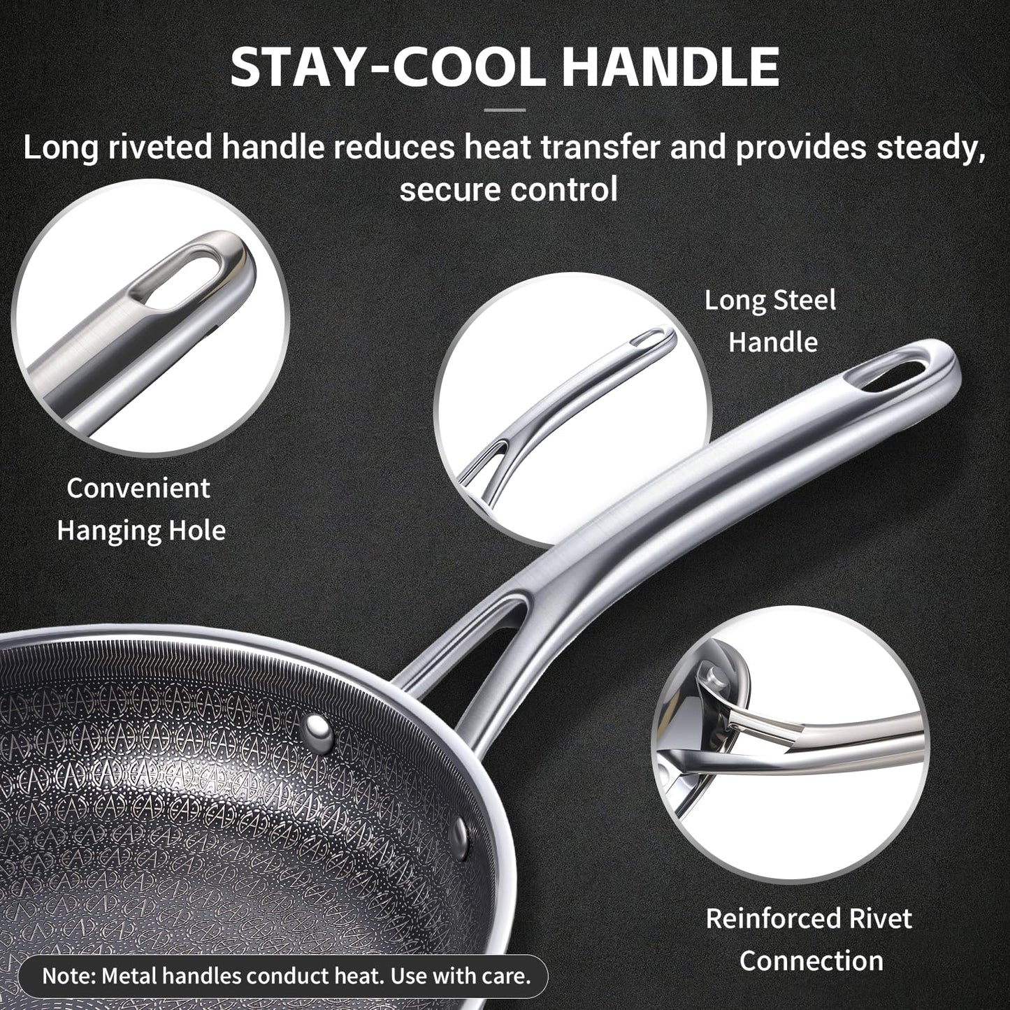 Ammeloo Hybrid Tri-Ply Stainless Steel Frying Pan Set, 8"/9.5"/11" Cooking Pans, Non Stick Frying Pans and Skillets, Chef Pan, Non Toxic, Dishwasher Safe, Induction Compatible, Black Interior