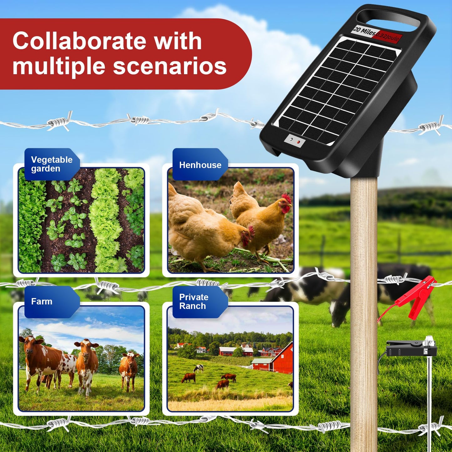 20 Miles Solar Electric Fence Charger,Output 0.32J Electric Fence Charger,24-Hour Uninterrupted Protection Solar Fence Charger,Solar Fence Energizerr That can Work for 14 Days Without Sunlight