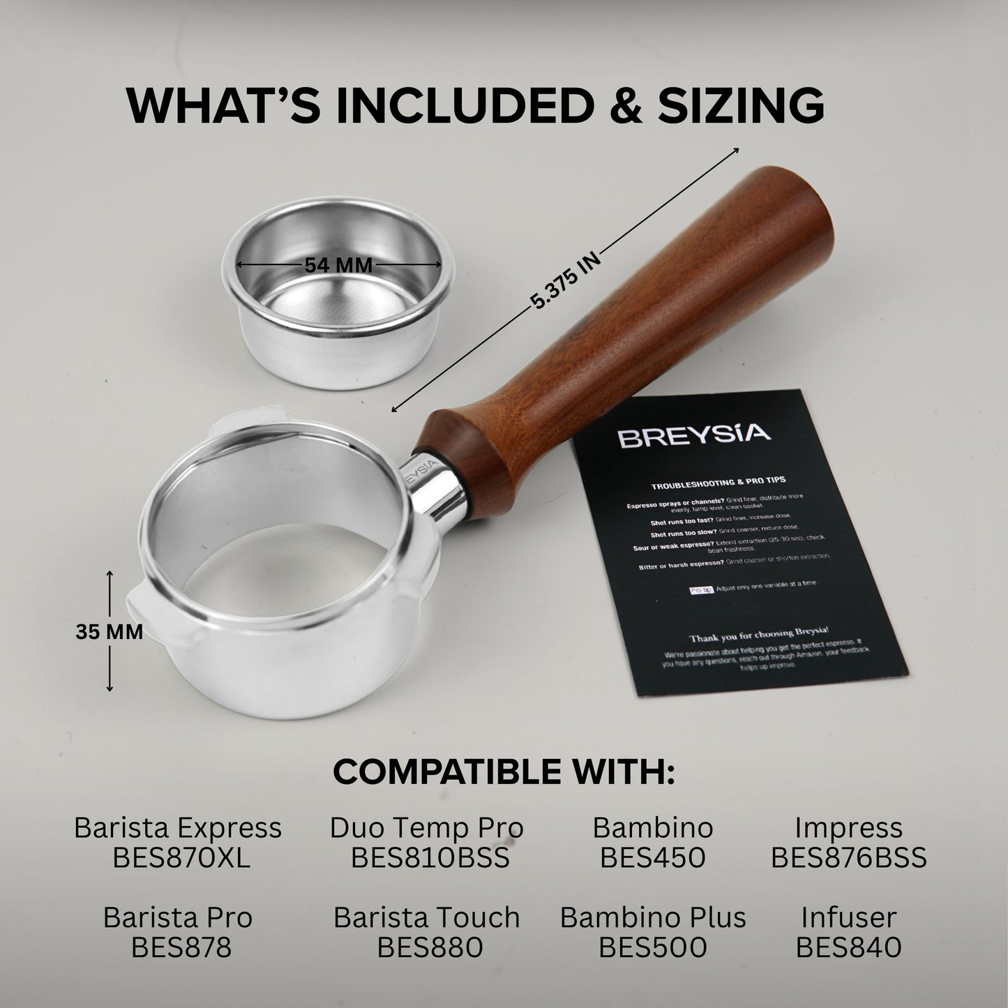 54mm Bottomless Portafilter Compatible with Breville Barista Express, Pro, Touch, Bambino Plus & Infuser – Naked Portafilter with 18g Precision Basket – Ergonomic Rosewood Handle | BRESYIA