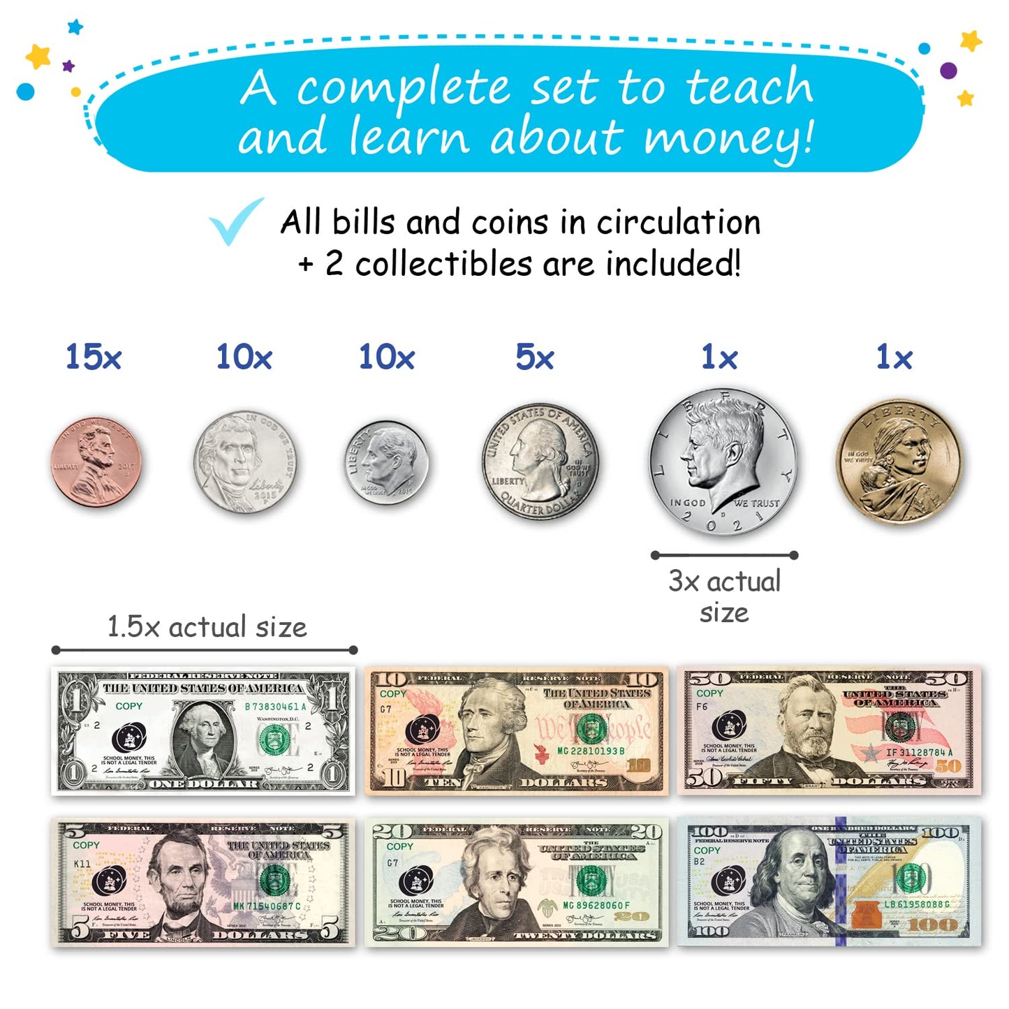48 PCS Large Double-Sided Magnetic Money - Play Money for Kids for Learning, Pretend Money for Classroom, Toy Money, Play Coins for Kids, Money Games, Practice, Money Manipulatives, Class Money Set
