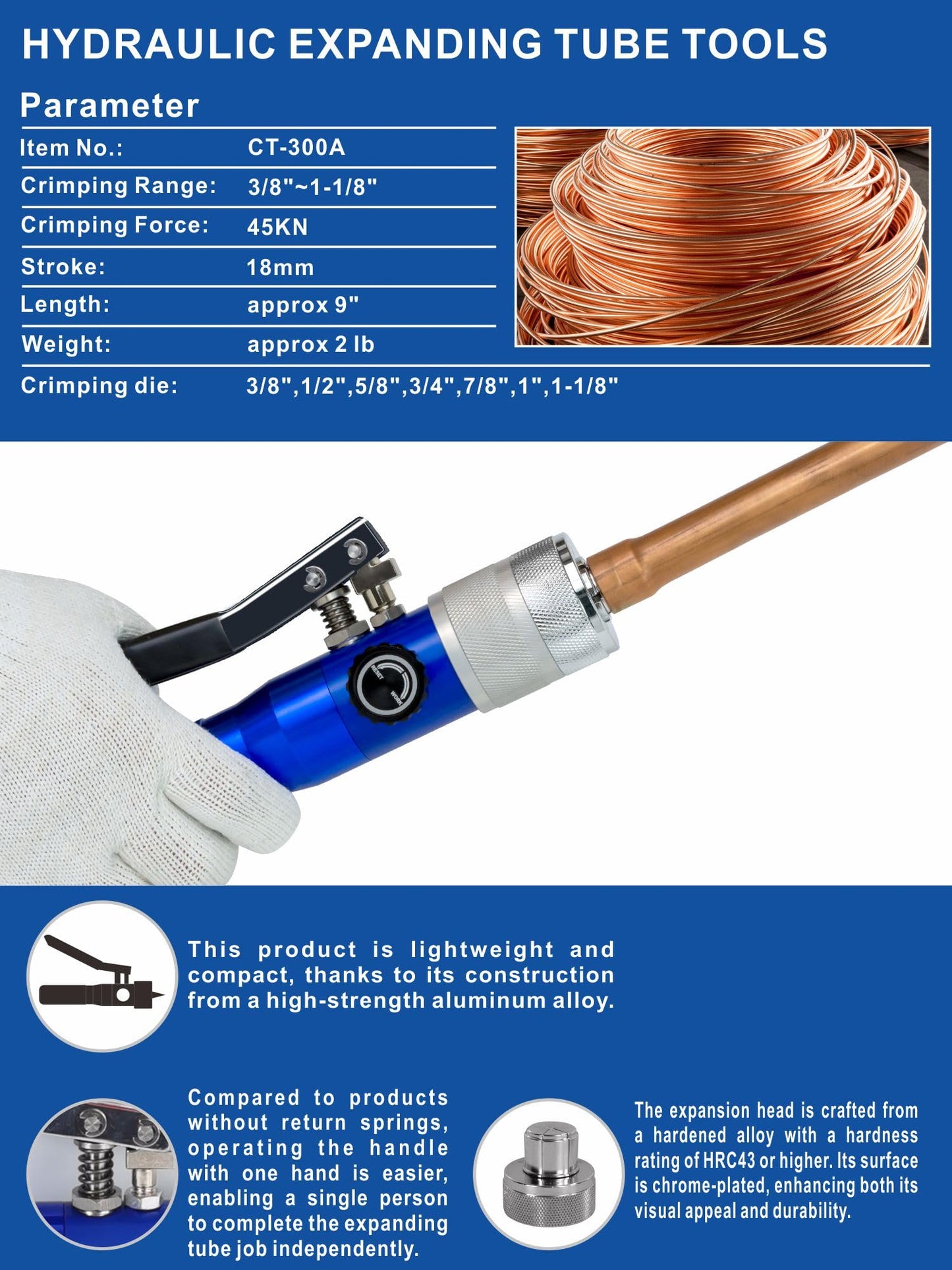 AMZCNC Hydraulic Tube Expander Compact Swaging Tool Kit with Tube Cutter, Deburring Tool and 7 Expander Heads for 3/8 to 1-1/8 Inches Copper Pipes HVAC Expander Tools (3/8“~1-1/8”)