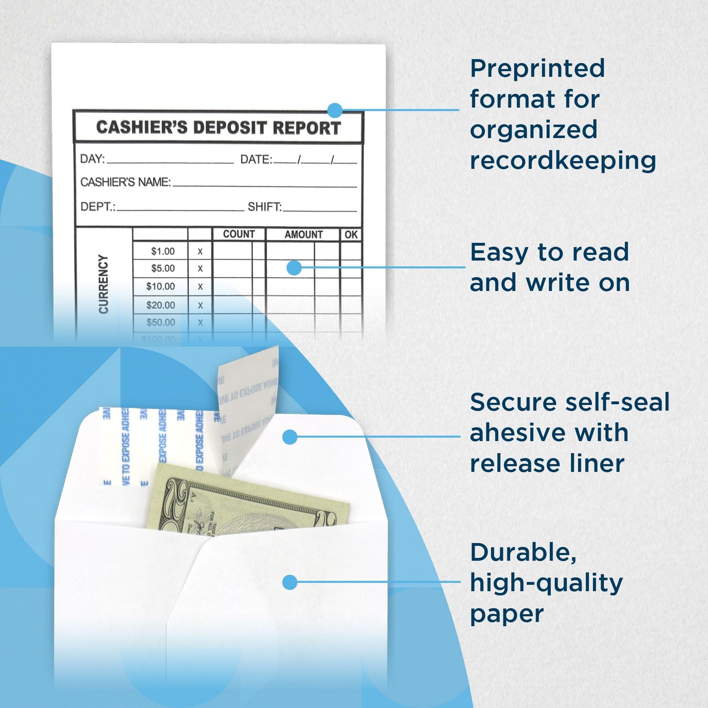 Guardian Cashier Deposit Report Envelopes Self Seal, Pack of 500 Cash Drop Envelopes – Cash Register for Small Businesses – Cashier Register for Retailers & Restaurants – White Envelope (White, 500)