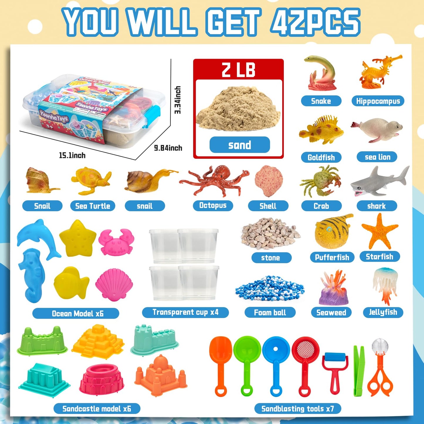 Ocean&Sand Sensory Bin with Lid, 42 Pcs Sensory Sand Kit with Sea Animals for Kids, Birthday Christmas Gifts for Boys Girls, Preschool Learning Activities Tools Box, Outdoor Sandbox Toys for Kids