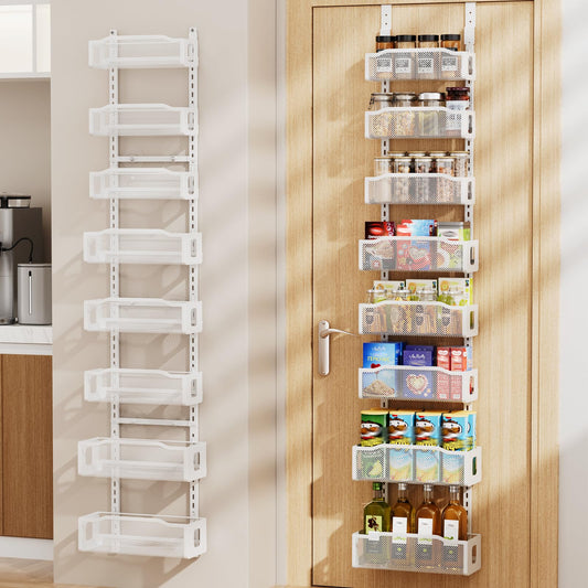 Delamu 8 Tier Over the Door Pantry Organizer, 2in1 Hanging or Wall Mount Spice Rack Seasoning, Adjustable Heavy-Duty Narrow Pantry Door Organizer and Storage for Kitchen Cabinet and Bathroom,12" White