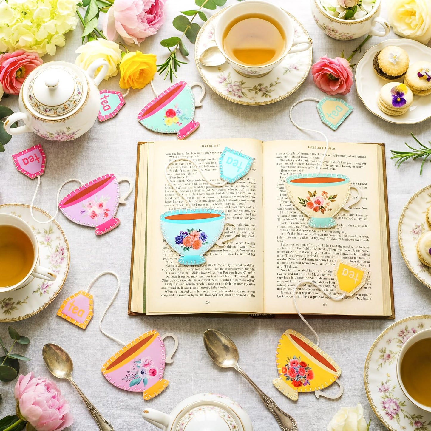 Resurhang 24 Pcs Tea Bag Bookmarks Tea Party Favors Cute Hand Embroidered Teapot Bookmarks Gift for Spring Holiday Teacher Women Book Reading Lovers Gift Book Marks (Retro)
