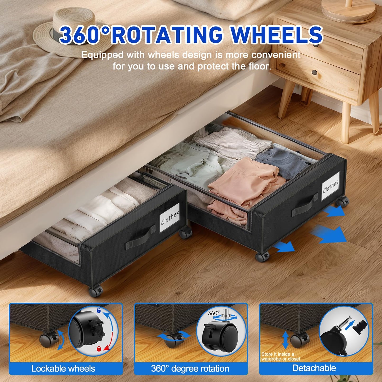 Beborxue Under Bed Storage with Wheels, 4-Pack UnderBed Storage Containers with Clear Lids, XXL 60L Under the Bed Storage Organizer Bins, Rolling Under Bed Metal Drawer for Clothes,Shoes,Toys (Black)