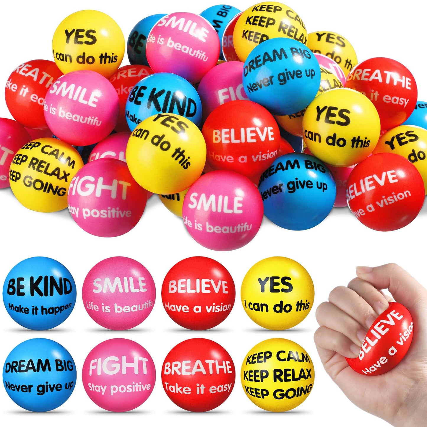 Liliful 48 Pieces Motivational Stress Balls Bulk for Adults Fidget Toys End of The Year Student Gifts Inspirational Squeeze Balls Employee Appreciation Gift Adult Goodie Bag 2. 2 Inch(Bright Colors)