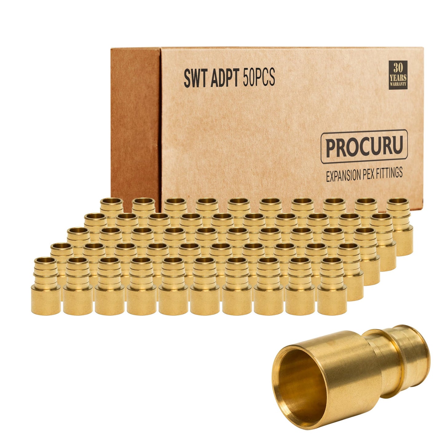 [50-Pack] PROCURU 1/2" PEX-A x 1/2" Female Sweat Adapter, Expansion PEX-A F1960 Brass Plumbing Fitting, Certified Safe (Fits over 1/2" Copper Pipe)