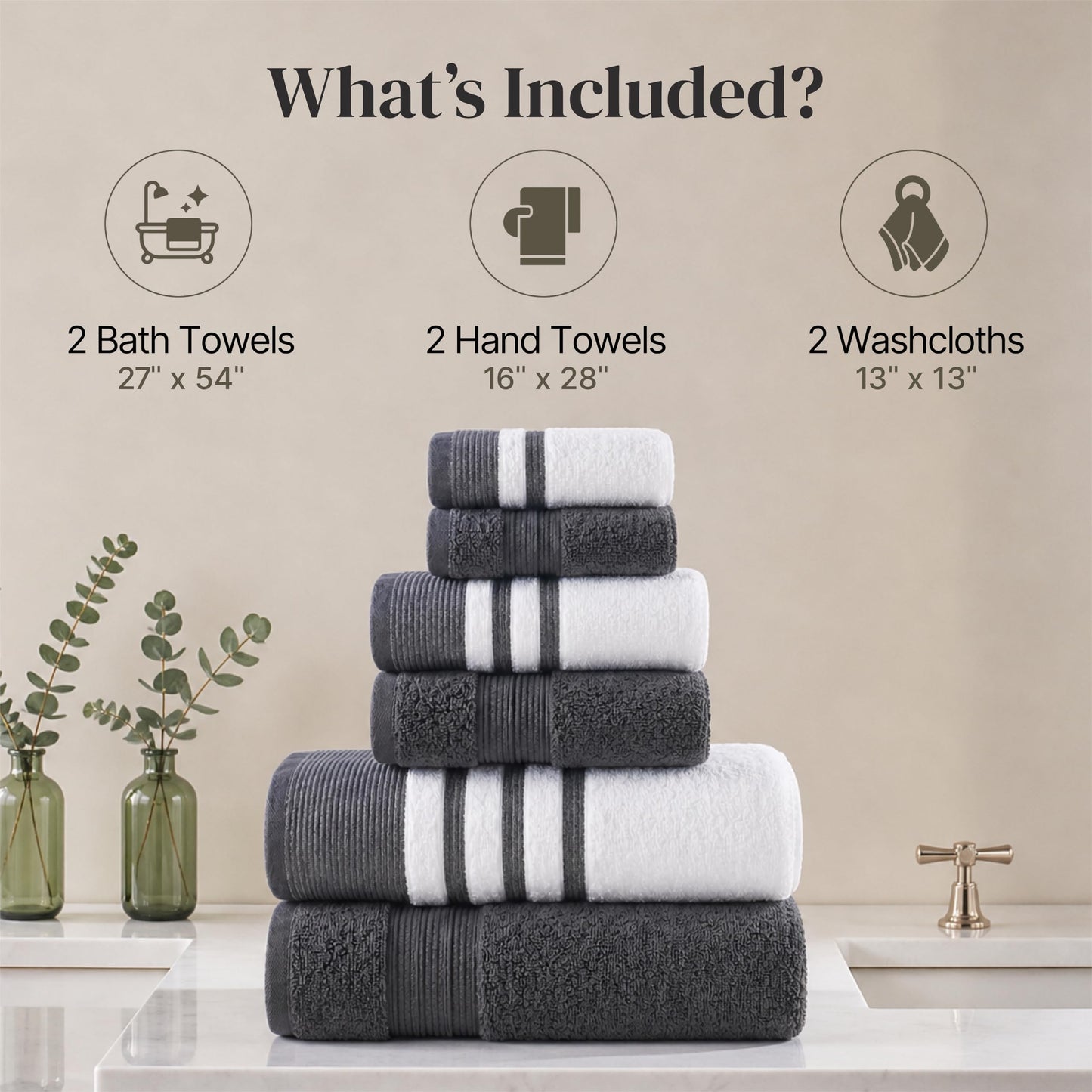 Modern Threads 6-Piece Towel Set – 100% Cotton, Quick Dry, Ultra Absorbent – Includes 2 Bath, 2 Hand, 2 Washcloths (White/Reinhart Charcoal)