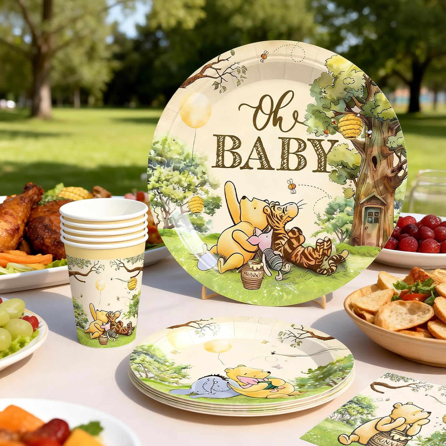 336pcs Classic Bear Baby Shower Decorations, Neutral All-in-one Complete Party Set with 25pcs Plates, 2 Tablecloths, Backdrop Cake Cupcake Topper for Bear Party Decor, 25 Guests