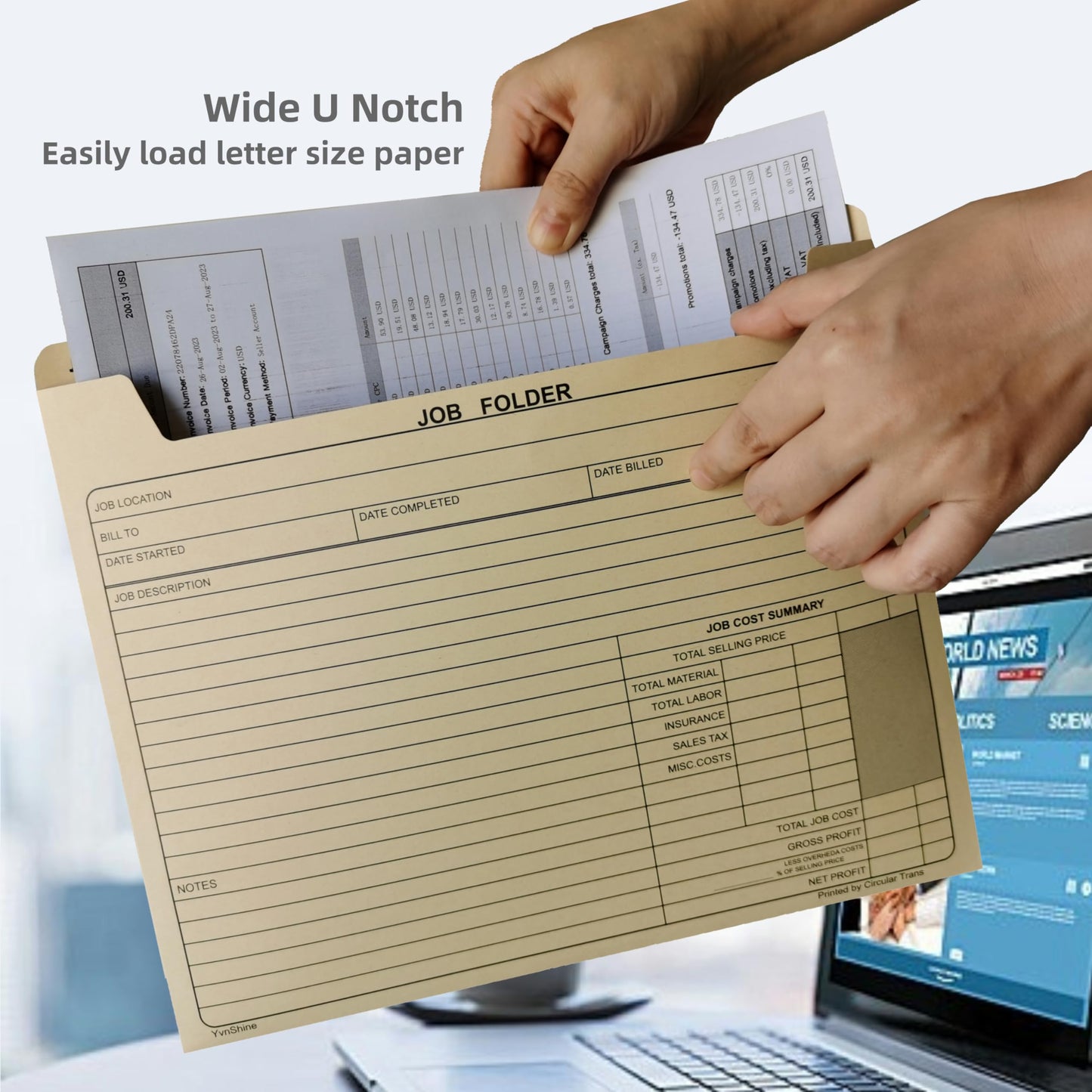 YvnShine 50 Pack Job Folder for Project Management, Heavy Duty Manila File Jacket 10x12 Inch, Preprinted Cost Tracking & Invoice Organization, Construction Project Management Files ﻿