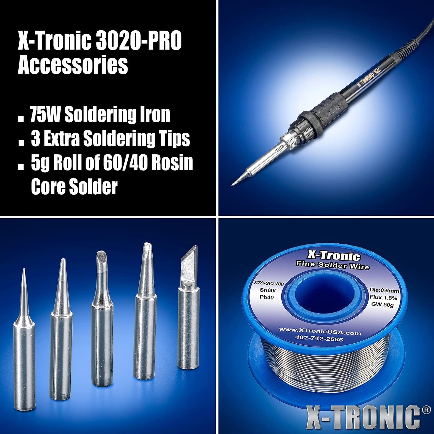 The Original X-Tronic 3020-XTS • 75W Soldering Iron Station Kit • 2 Helping Hands • 5 Extra Tips • Roll of Solder • Brass Sponge & Flux • Tweezers • Solder Sucker • °C/°F Toggle & Sleep Features!