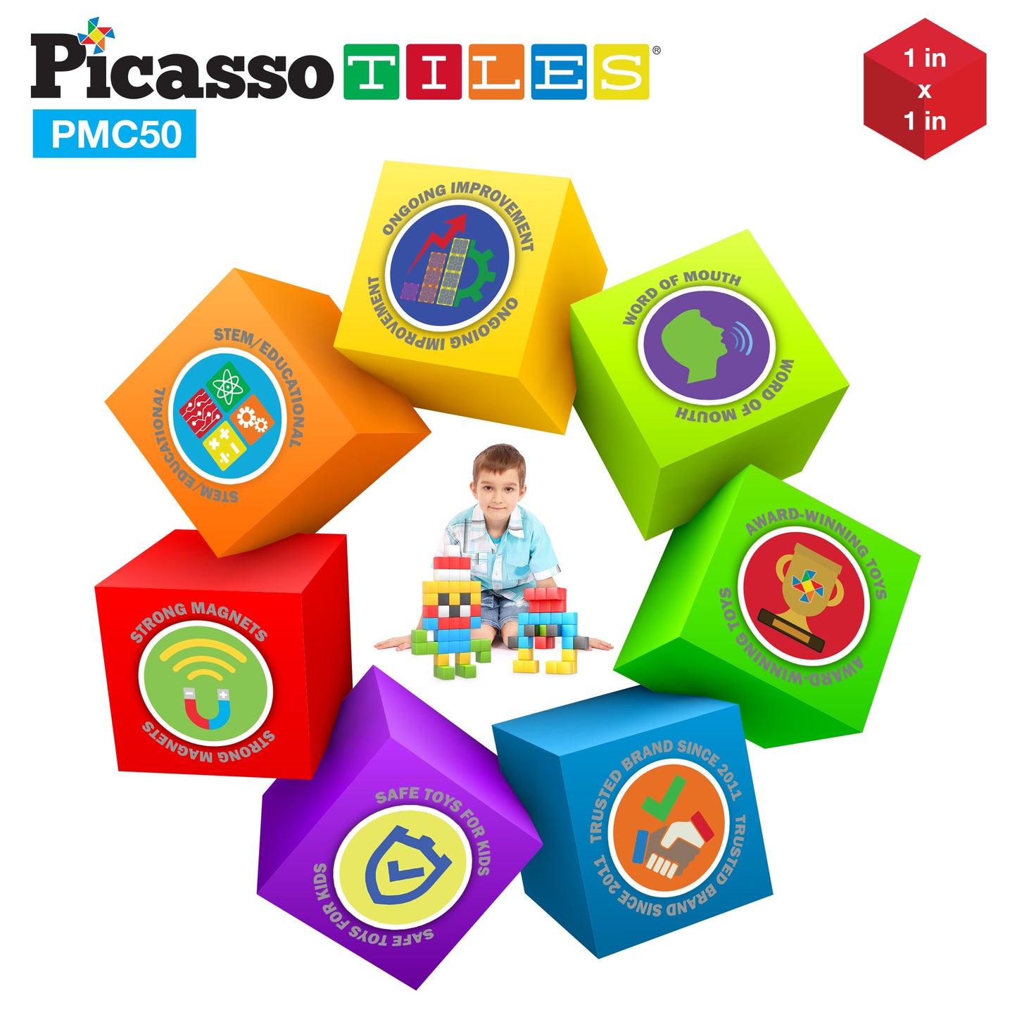 PicassoTiles Magnet Cube Building Blocks 54 Pieces 1.2" 3CM Magnetic Cubes Toy Construction Building Educational Sensory Toys with Idea Booklet for School & Preschool Kids Boys Girls Toddlers PMC301