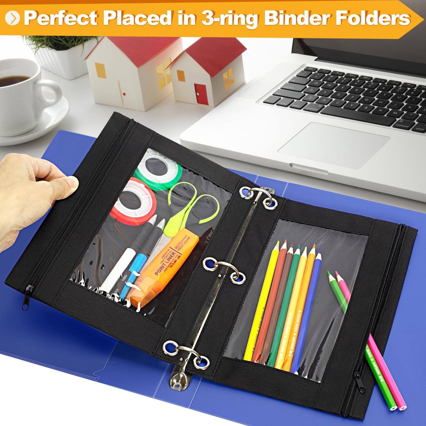 Officygnet Pencil Pouch for 3 Ring Binder, 36 Pack Bulk Black 3-Hole Zipper Pencil Pouches with Clear Window, Sturdy and Durable Cloth Pencil Case for School Office College Supplies