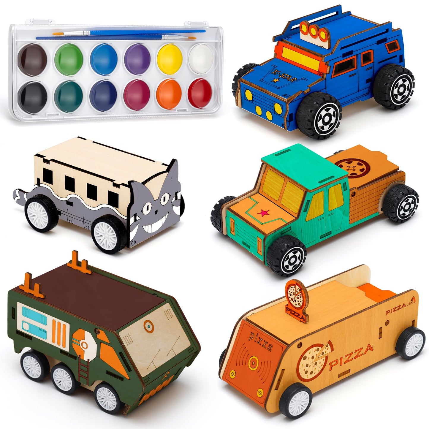 Minyaluck 5 Wooden Cars Craft Kit-Build & Paint Your Own Wood Model Car Kit,Wooden 3D Puzzles, Birthday Party Presents for Kids Boys and Girls