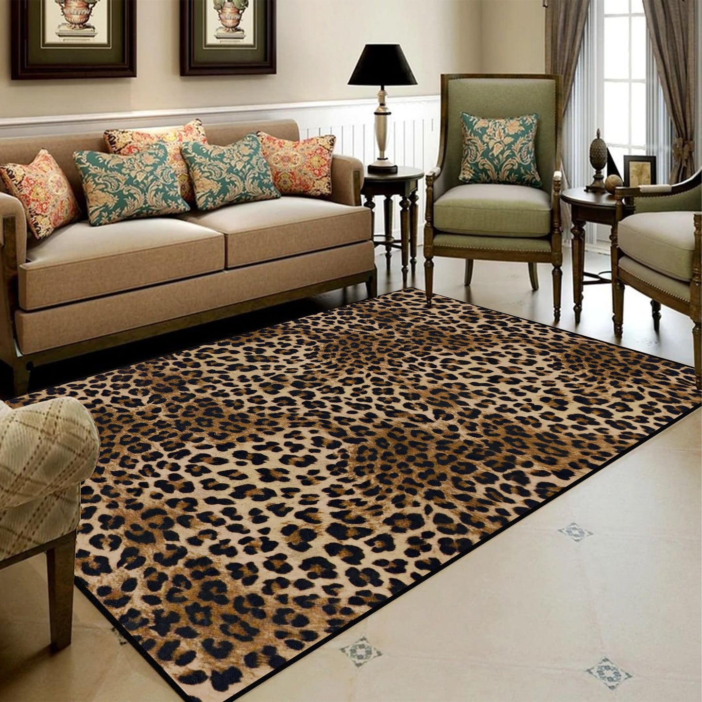 Aukib Leopard Rug 5x7 Washable Animal Print Rug Living Room Large Carpet Soft Non-Slip, Non-Shedding Brown Carpet for Office Dormitory Bedroom