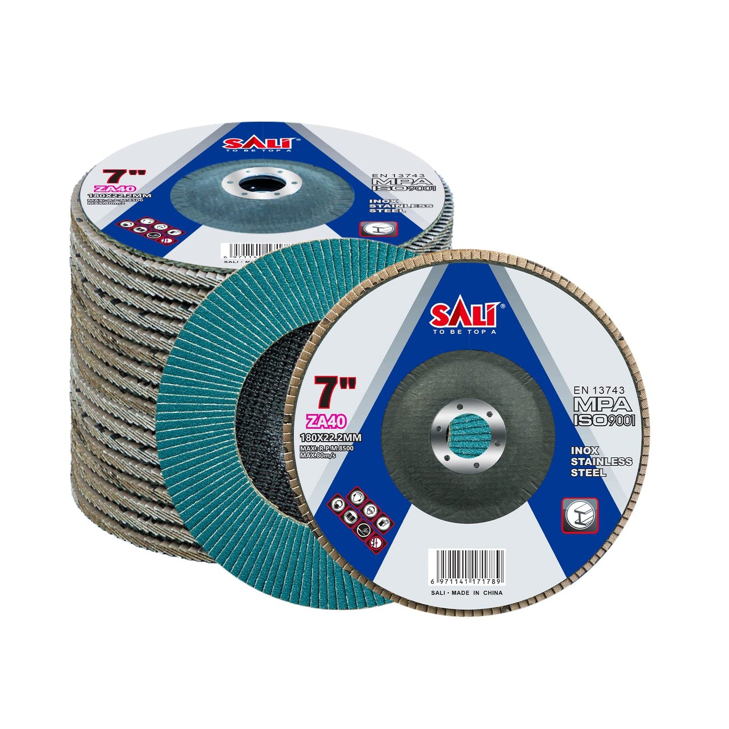 Sali 10 Pack Zirconia Flap Disc 40 Grit 7" x 7/8-Inch Sanding Disc Bevel Type #29 Premium and Industrial Grade Angle Grinder Grinding Wheel High Performance Edge Grinding