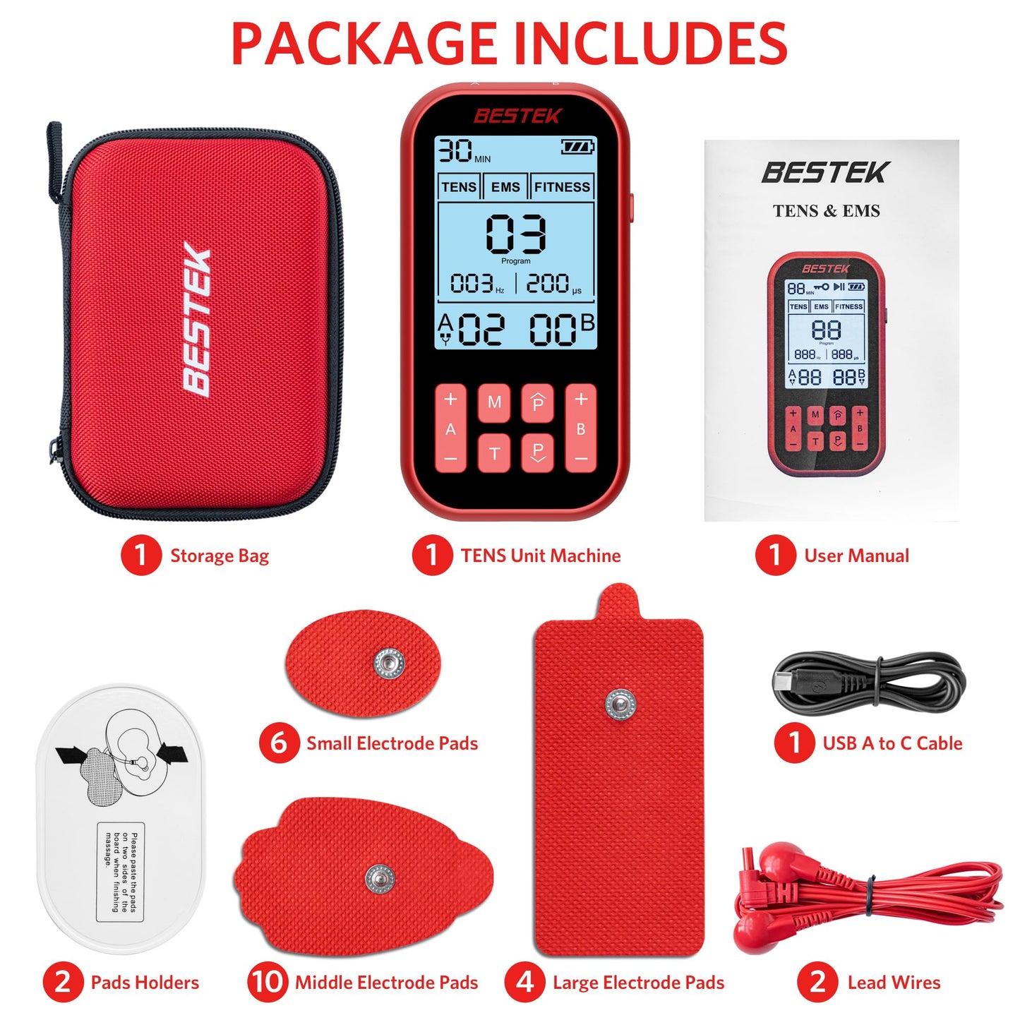 BESTEK TENS Unit Muscle Stimulator for Pain Relief – 3-in-1 EMS TENS Machine with 20 Pads, Dual Channel, Rechargeable Massager for Back, Sciatica, Neck, Shoulder, Leg Pain