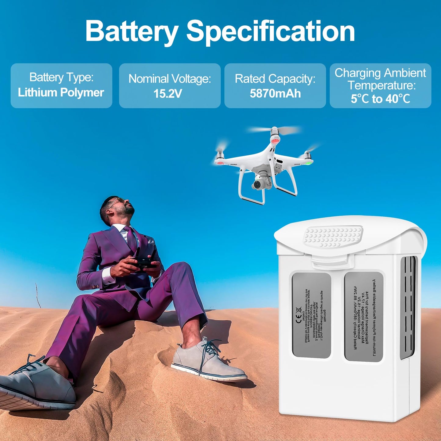 Fantasyo Phantom 4 Battery,5870mAh Intelligent Flight Battery 1 Pack, Compatible with DJI Phantom 4 Pro/Phantom 4 Pro V2.0 / Phantom 4 RTK/Phantom 4 Advanced Series Drone