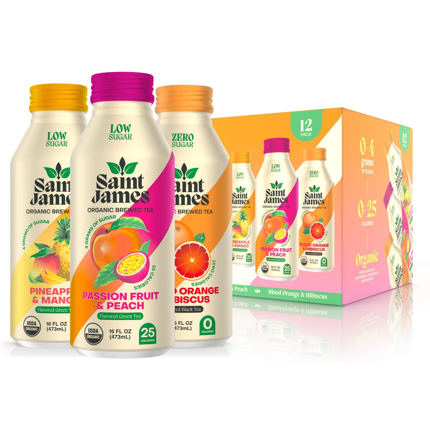 Saint James Iced Tea - Organic Green & Black Tea - Non GMO, Gluten Free, Low Calorie & Low Sugar - Paradise Variety Pack, 12 Pack (16 fl oz each)