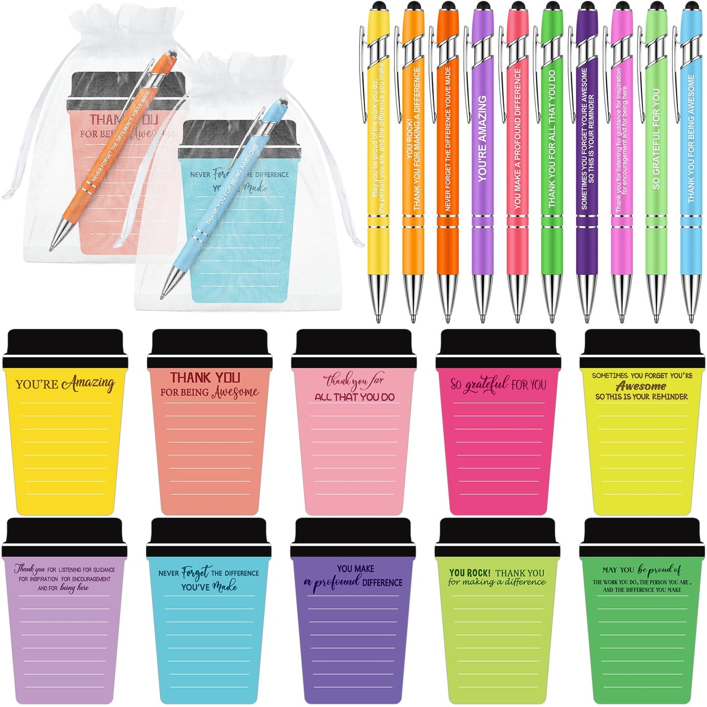 Kosiz 30 Set/90 Pcs Thank You Coffee Cup Notepads Bulk with Ballpoint Pens Bags Inspirational Sticky Notes Teacher Appreciation Week Gifts Thank You Gifts for Staff Employee Team Teacher Nurse