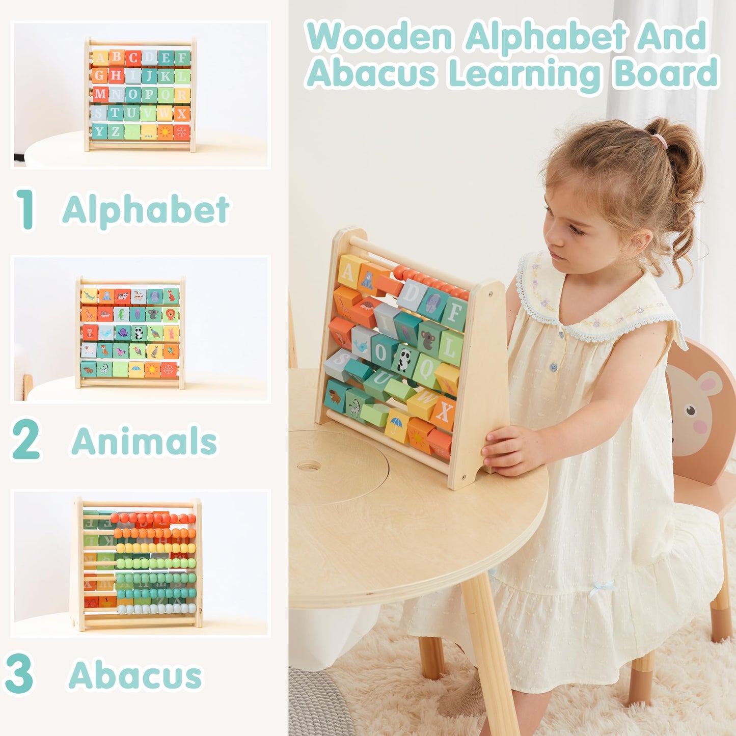 FReniland Wooden Activity Cube - Double Sided Abaco and Alphabet Tiles for Toddlers 18 Meters, Educational Learning Toy for Math and ABC Fun