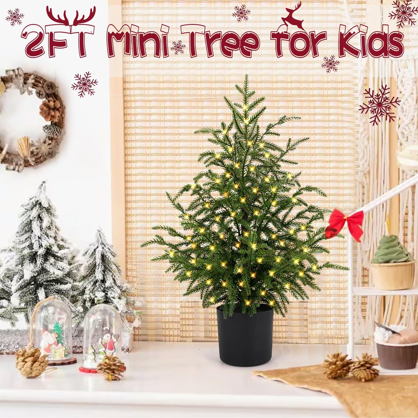 ENVEN 2FT Artificial Norfolk Pine Christmas Tree – Tabletop Faux Tree Unlit/Prelit with 50 LED Lights & 8-Function Battery Box, Pre-Assembled Holiday Decor for Home or Office (Prelit-2FT-2Pack)
