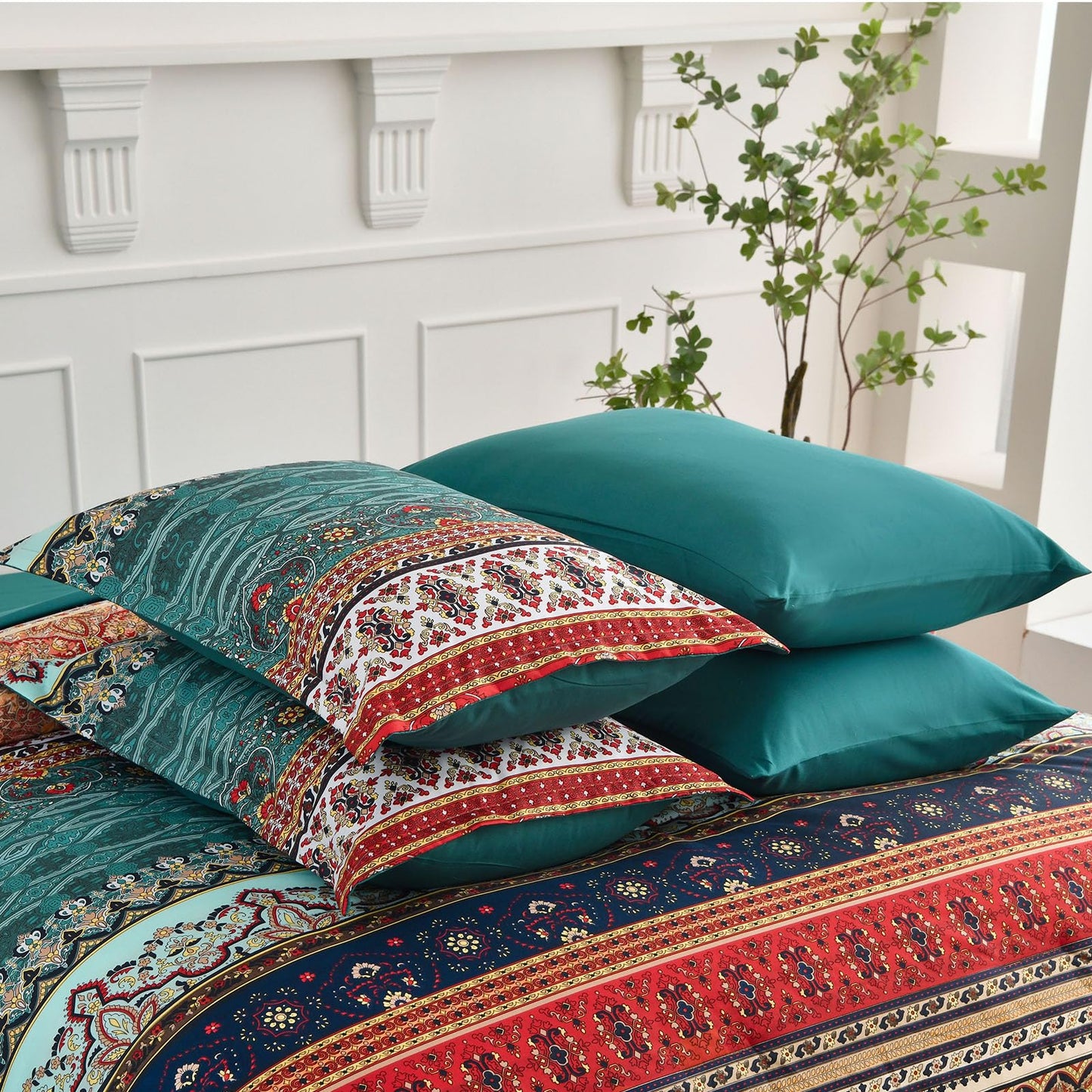 Cottolester Boho Queen Size Comforter Set 8 Pieces,Green and Brown Bohemian Striped Bed in a Bag,Floral Soft Microfiber Bedding Comforter Set