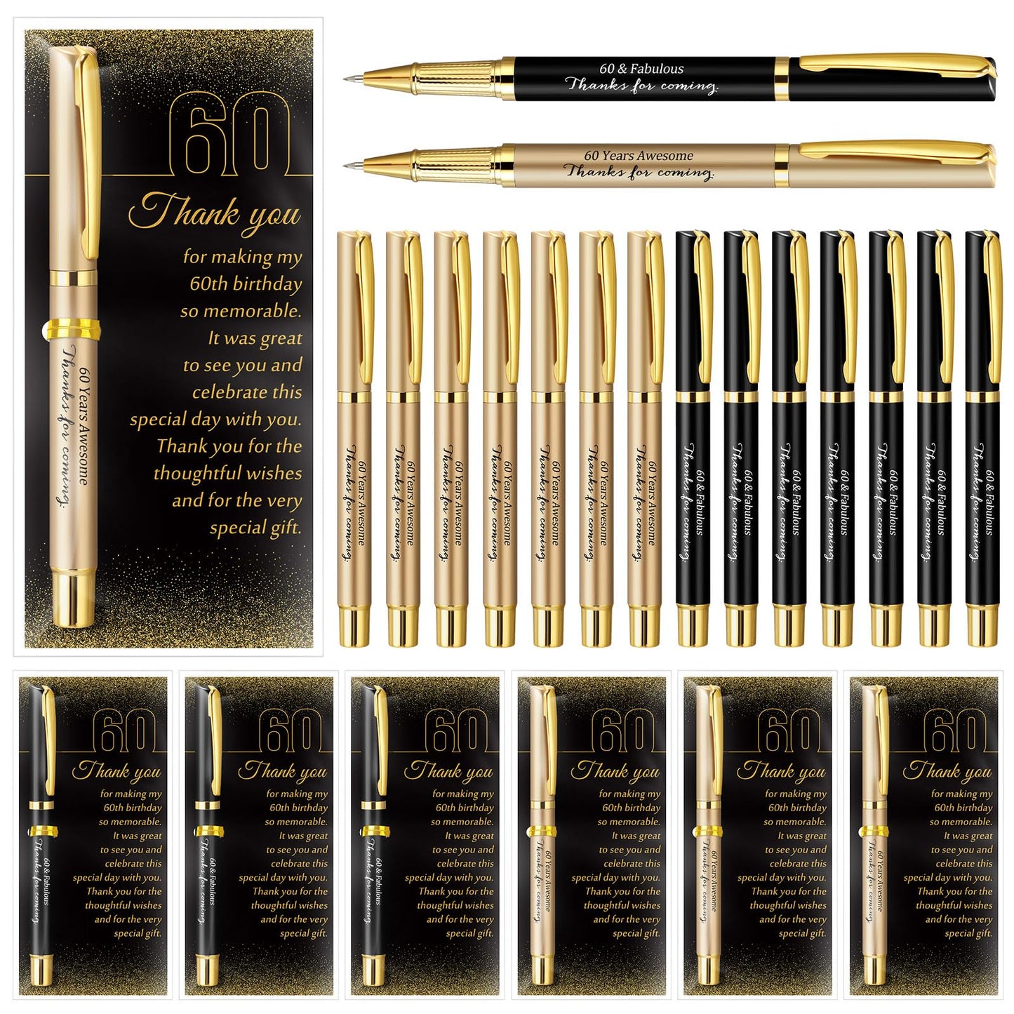 Feifeiya 50 Set 60th Birthday Party Favor for Guest Anniversary Party Favor with Black and Gold Ballpoint Pens and Thank You Cards for Women Men Birthday Anniversary Appreciation Gifts