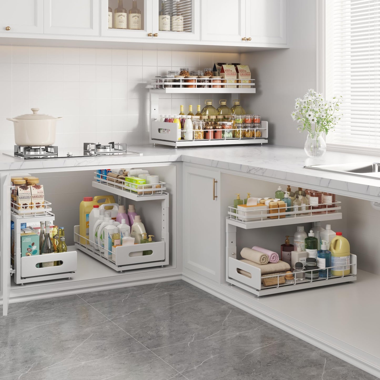 Biboraya Under Sink Organizer Upgrade To Professional Rails,2-Tier Dual Pull Out Cabinet Storage,Height Adjustable Slide Out Drawers For Bathroom Kitchen,2 Pack-18.5"Dx12.8"-16.9"H,White