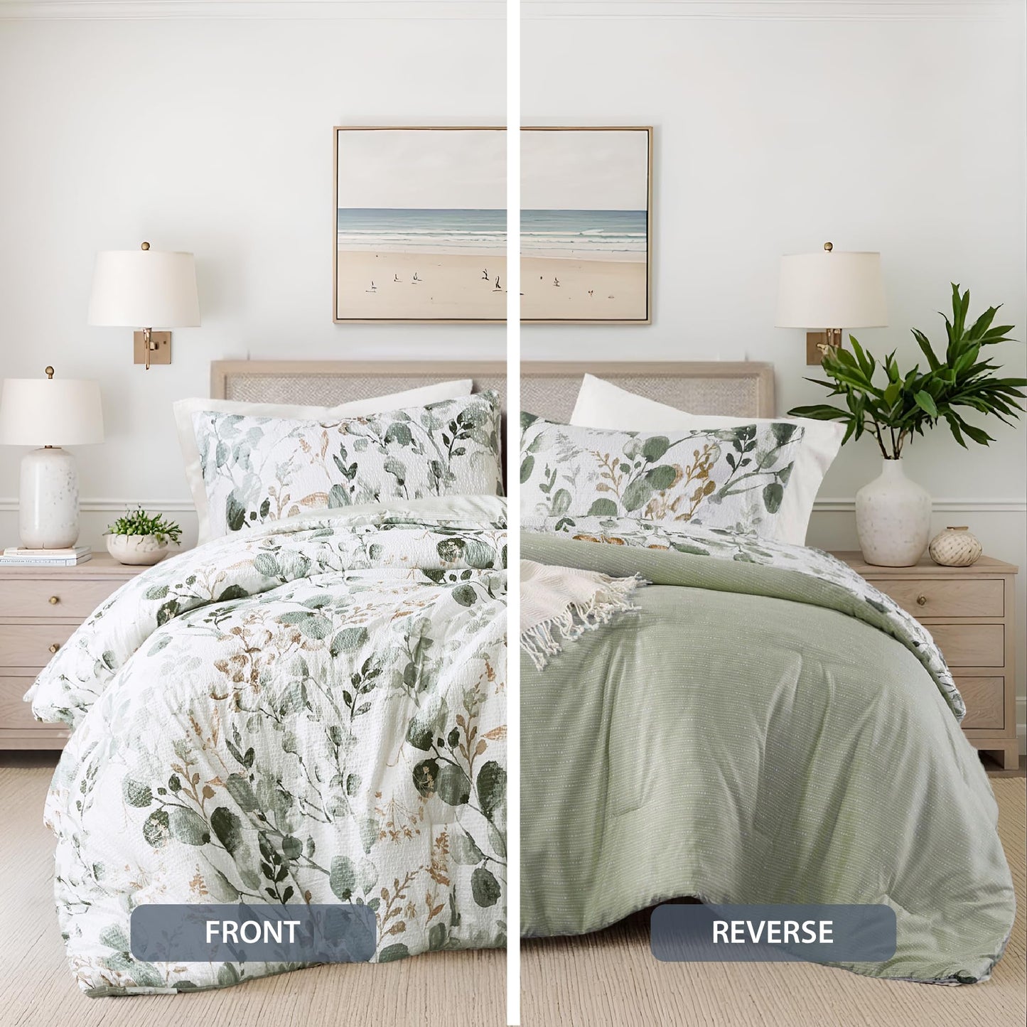 Regency Heights Lightweight Seersucker Botanical Comforter Set Queen Size, 3 Pieces Reversible Design with Striped Print, Premium Microfiber Bedding Set, Comforter and Sham Set, Green