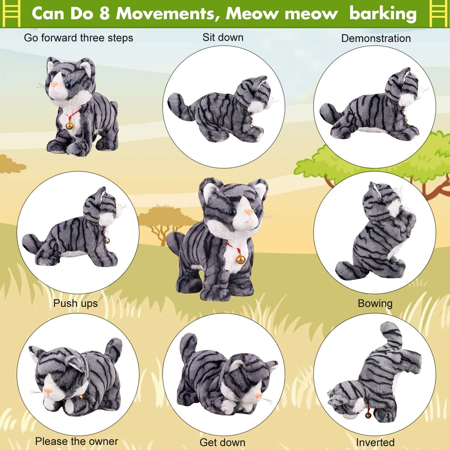 Marsjoy Pattern Gray Robot Cat Plush Cat Stuffed Animal Interactive Cats, Meow Kitten Touch Control, Electronic Cat Pet, Animated Toy Cats for Girls Baby Kids