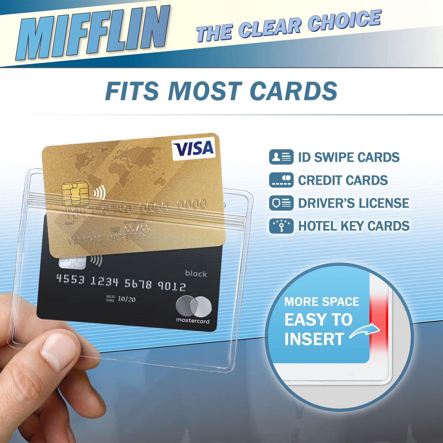 Mifflin-USA Horizontal Card Protector with Metal Clip and Vinyl Straps (Clear, 4x3 Inch, 250 Pack), Waterproof PVC ID Name Badge Holder with Clip