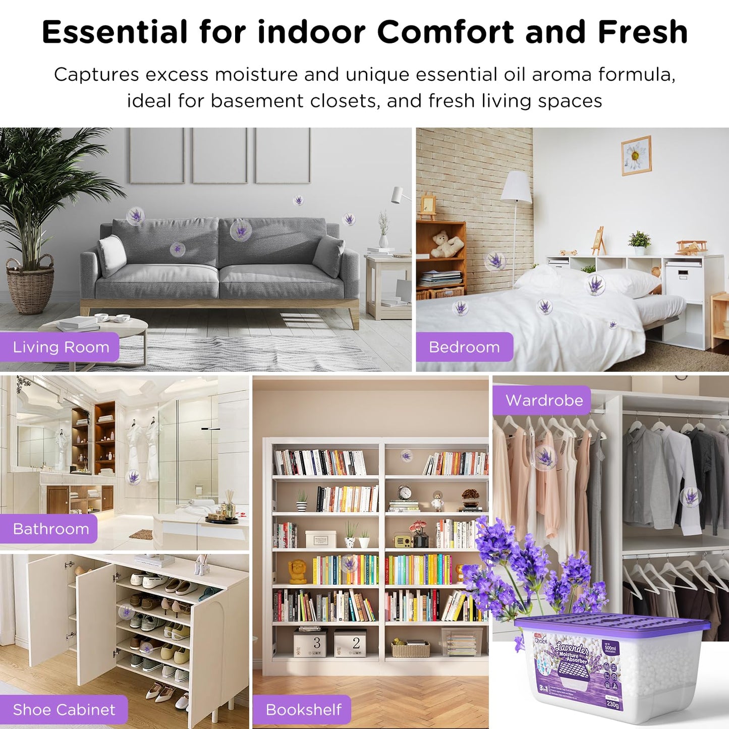 W&E Choice Moisture Absorbers with Lavender Scent, Portable Dehumidifier for Closet & Bathrooms, Kitchen, Humidity Absorber Odor Eliminator Absorber, 12Pack