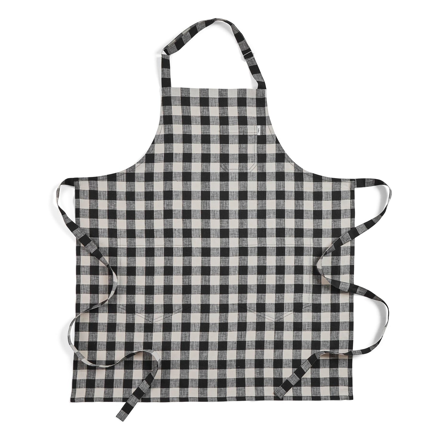 Solino Home Linen Bib Apron for Men & Women - Black and Cream Check Kitchen Apron with Front Pockets - Handcrafted from European Flax