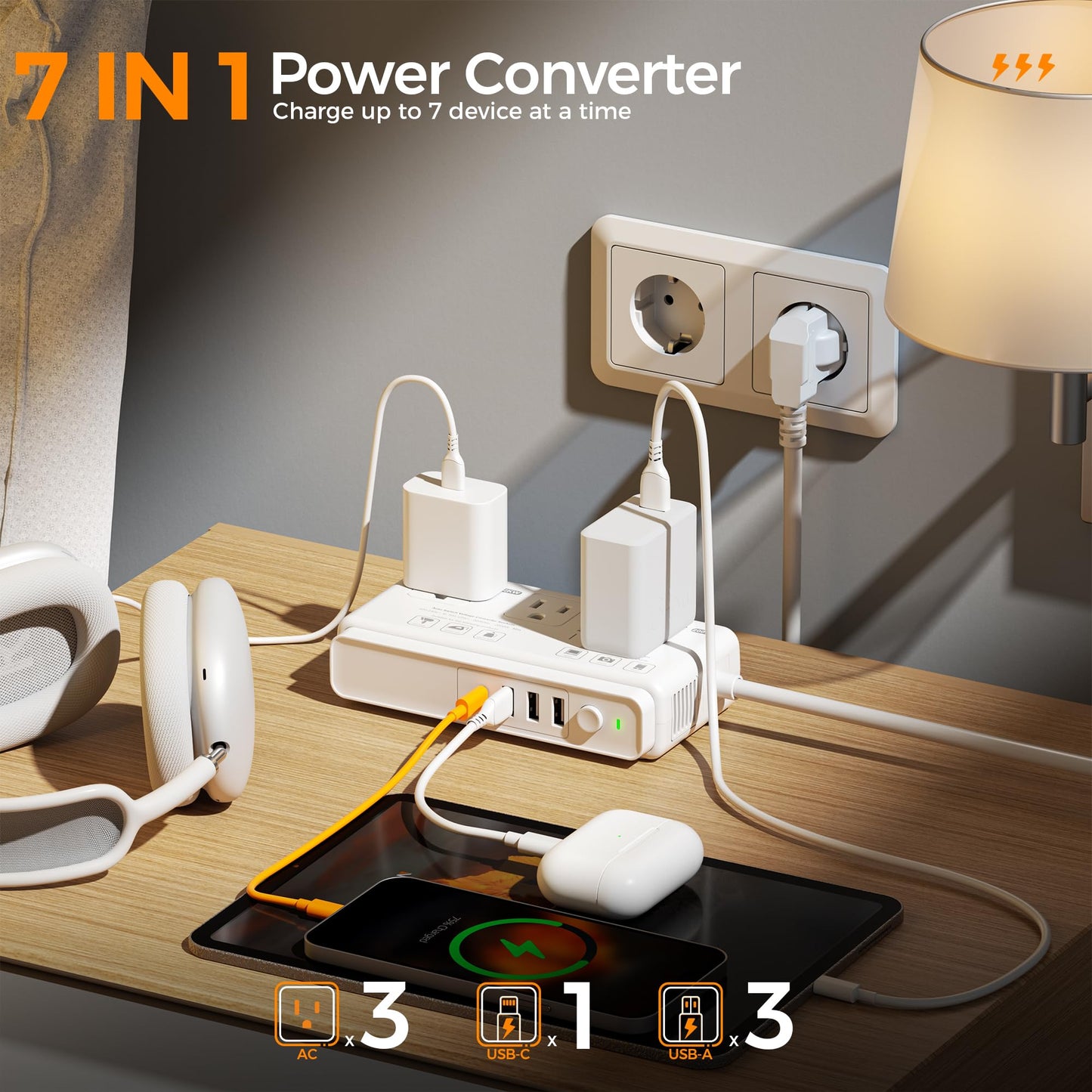220V to 110V Voltage Converter, TESSAN Universal Travel Adapter with 4 USB Ports (1 USB C), 3 AC Sockets and EU/UK/AU/IT Plug Power Adaptor, Step Down Outlet Converters International Plug Adapter