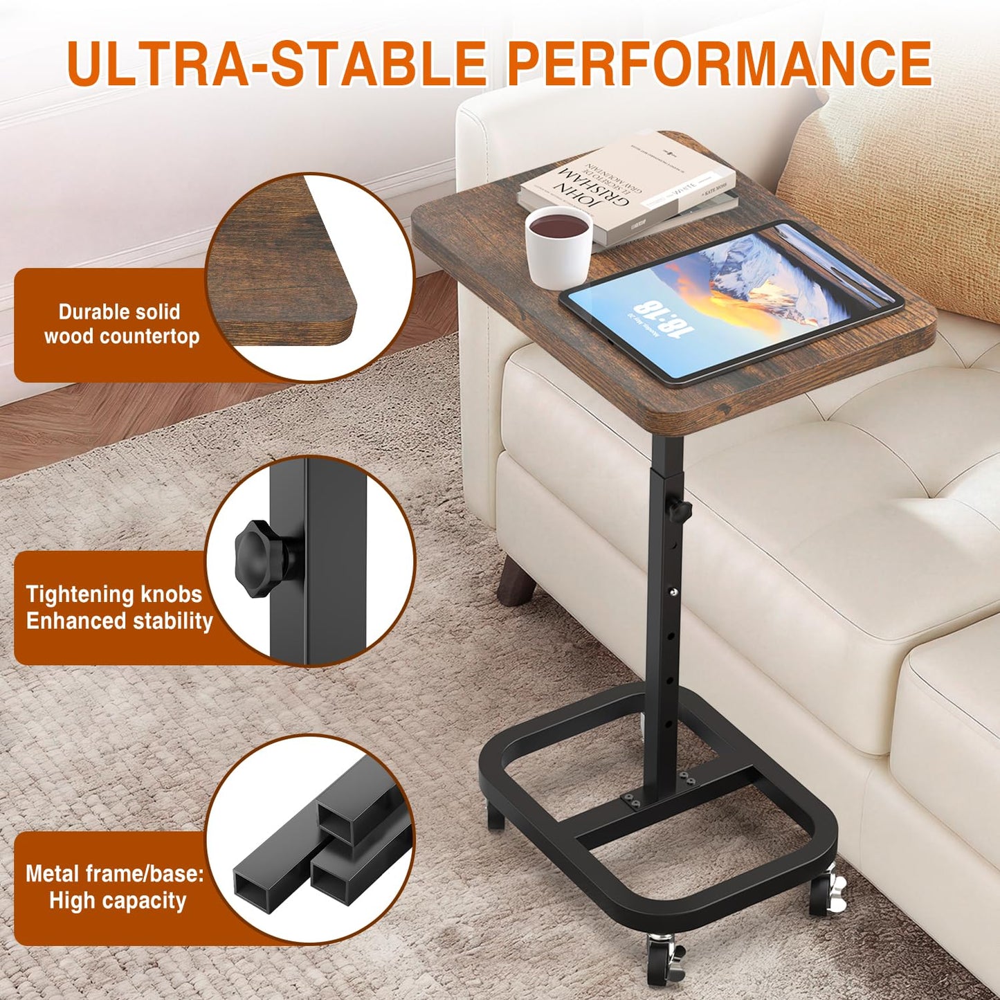 alentar Adjustable Height Mobile TV Tray Table with Wheels, Portable Rolling Desk, and Laptop Table for Eating on Couch or Sofa, Featuring Upgraded Alloy Steel Support and a Sturdy Quadrilateral Base