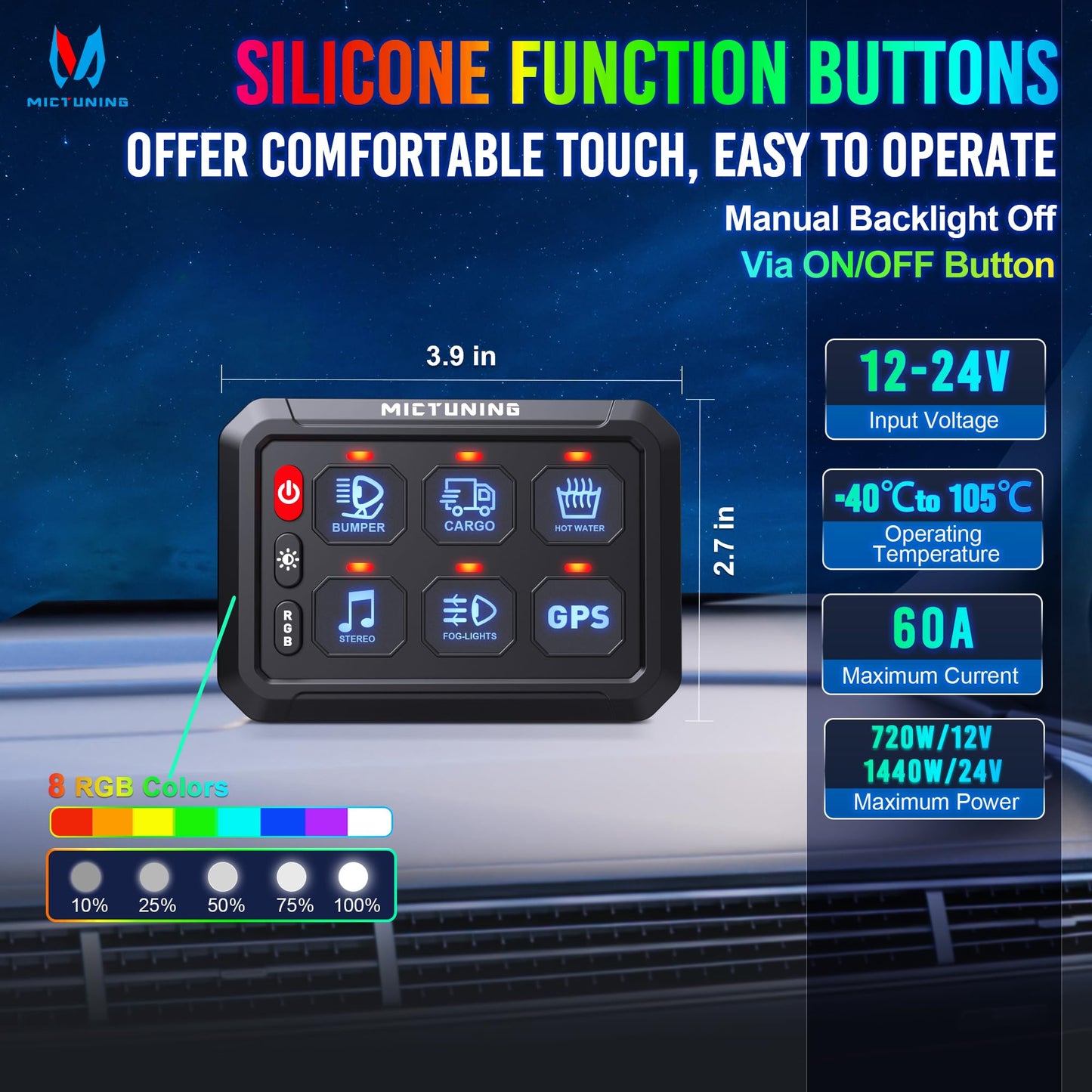 MICTUNING P1s RGB 6 Gang Switch Panel, Multifunction Toggle Momentary Strobe Pulsed Switch Pod with Backlit Off 5 Level Brightness Circuit Control Relay System Box for Truck RV Offroad Marine