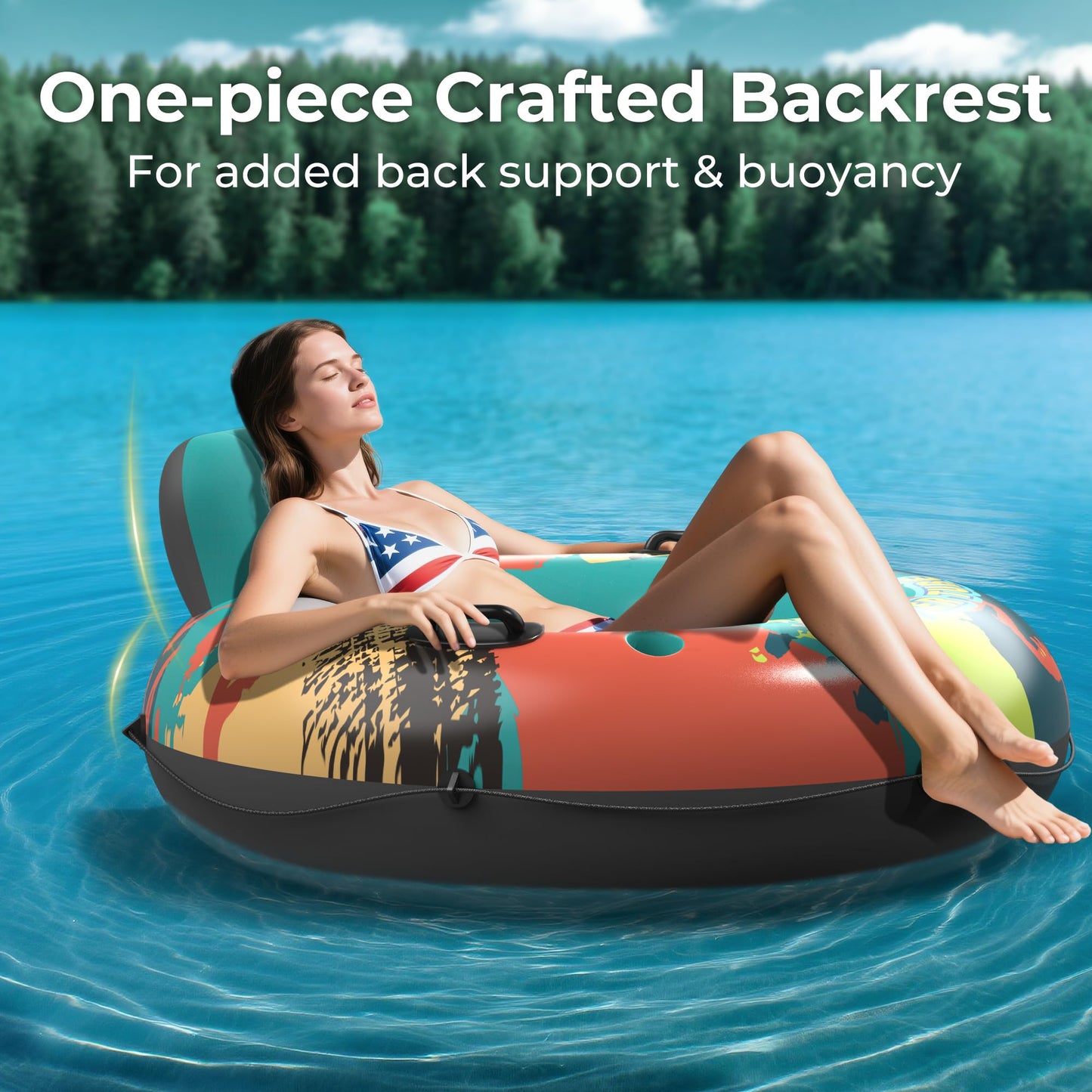 53" Heavy Duty River Tube Float for Adults,Inflatable River Raft Float for Pool Lake Beach with Built-in Cup Holders, Ergonomic Backrest,Durable Grip Handles & Grab Rope, 360Lb Weight Capacity