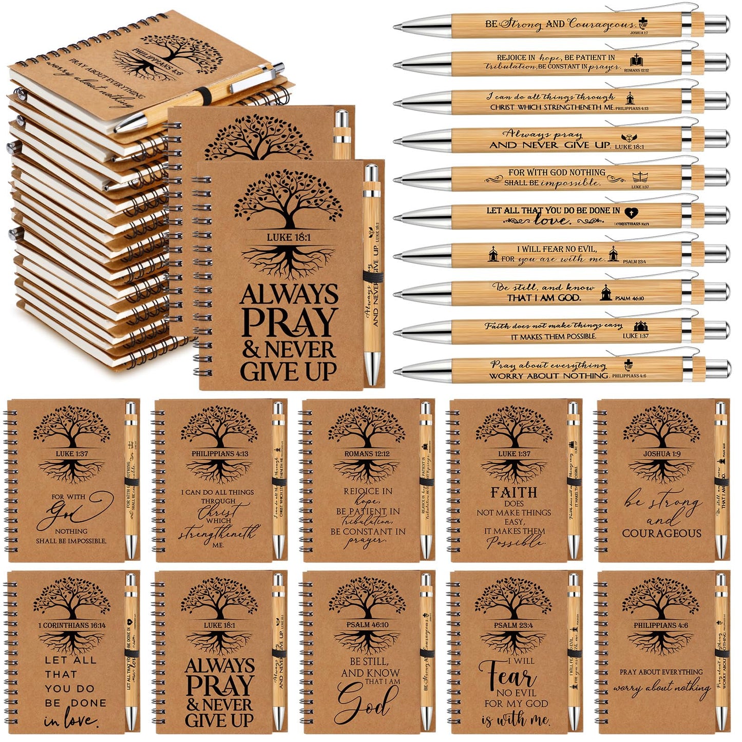 Kosiz 80 Pcs/40 Set Fathers Day Christian Gifts Bulk Religious Spiral Notebook with Bible Verse Pen Prayer Journal Inspirational Notepad for Men Women Church Birthday Bible Study (English Tree of Life)