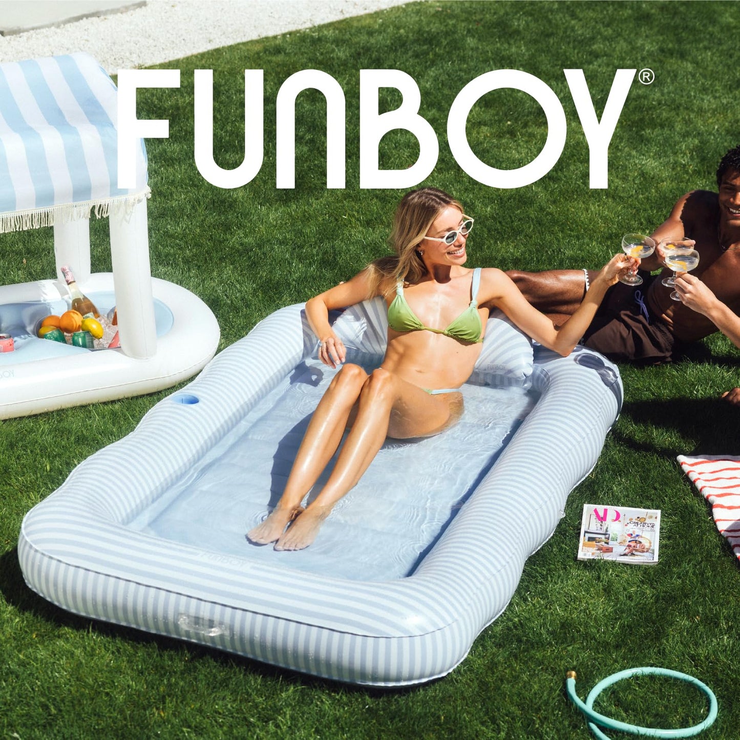 FUNBOY Blue Stripe XL 72"x48" Luxury Inflatable Tanning Pool Lounger Float for Adults, with Custom Pillow, Large Cup Holder & Handles, for Backyard, Beach & Lake Summer Outdoor Use