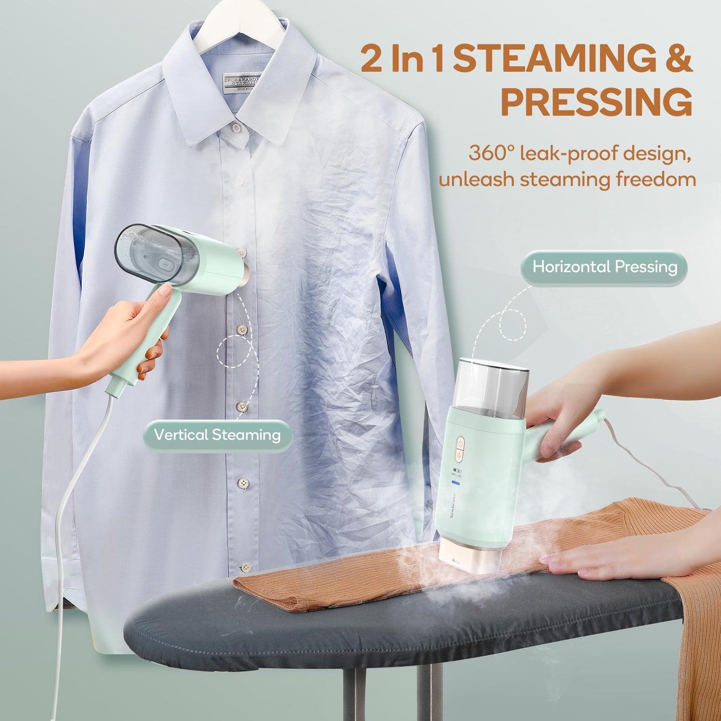 Newbealer Steamer for Clothes, Dual Voltage 100-240V, 1200W Travel Steamer with Horizontal & Vertical Steaming, 20s Heat-up, Foldable, 1.72lbs, 180ml Fabric Wrinkle Remover (Green)