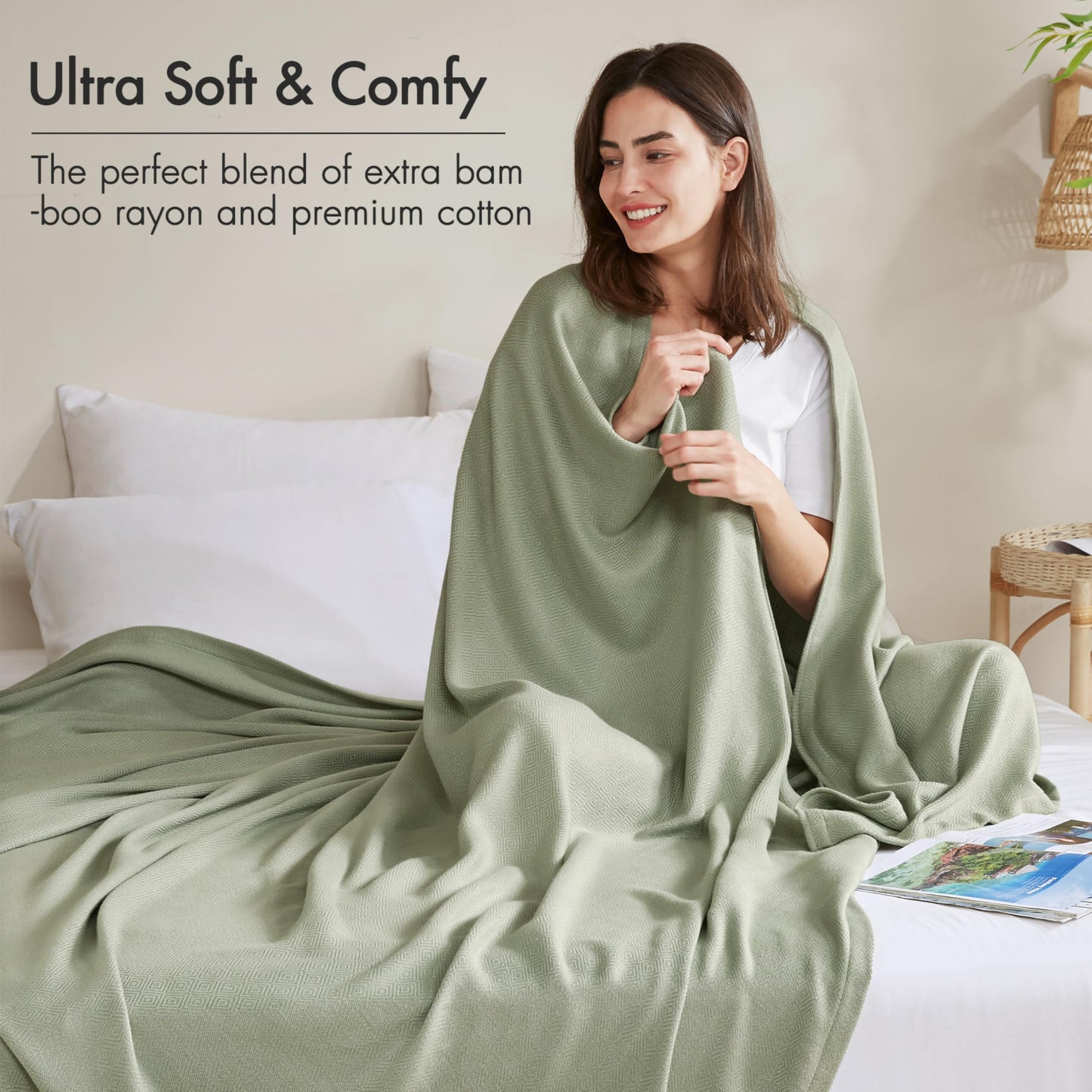 Madison Park Queen Size Blanket, 70% Rayon Bamboo-Based, 30% Cotton, Breathable for Hot Sleepers Menopause, Ultra Soft and Snag-Resistant, Summer Blanket for Bed or Couch, Queen 90"x90" Sage Green