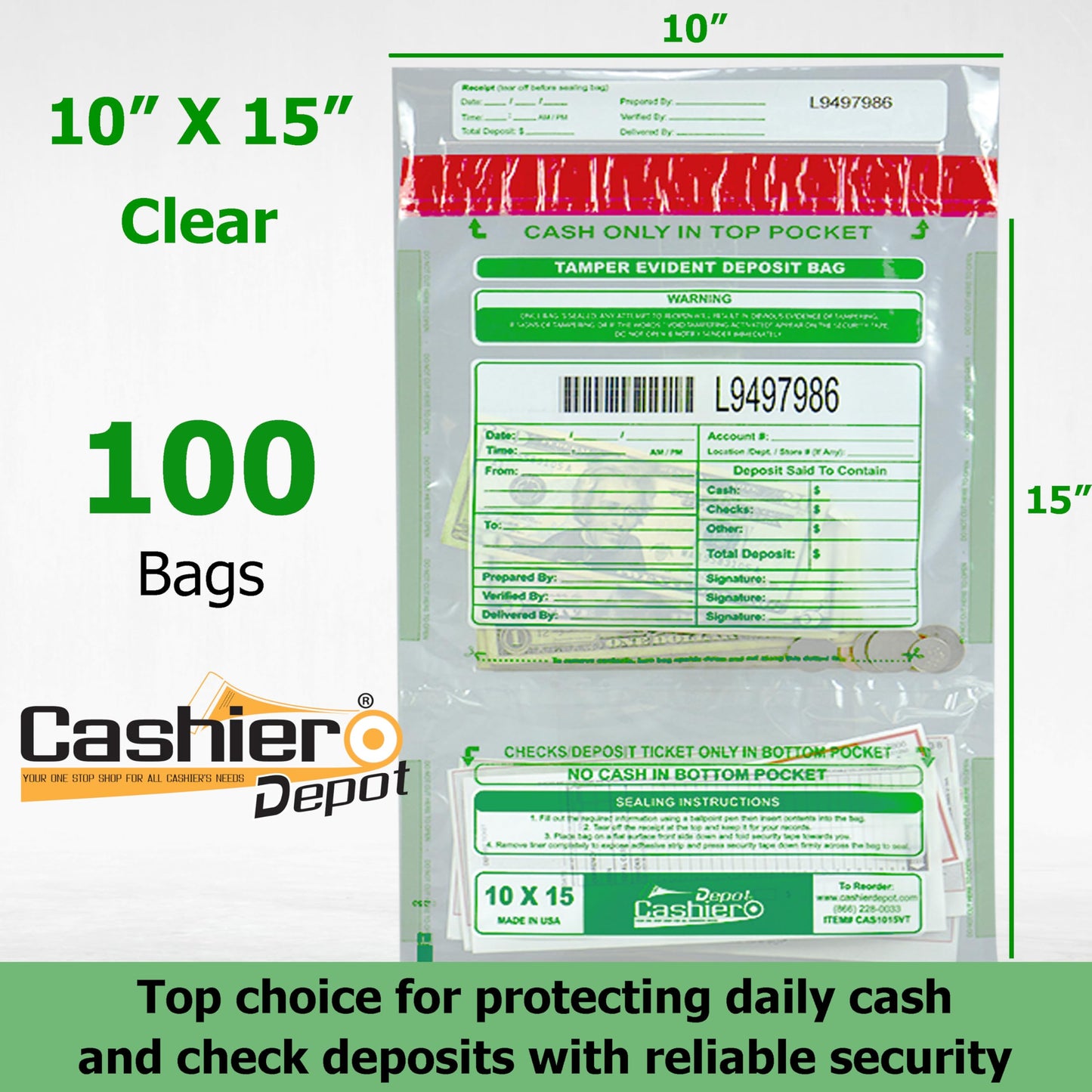 100 Cashier Depot Tamper Evident Bank Deposit Bags, 10" x 15" Clear, Twin Pockets, Serialized Numbering, Barcode, Press & Seal Void Closure Tape